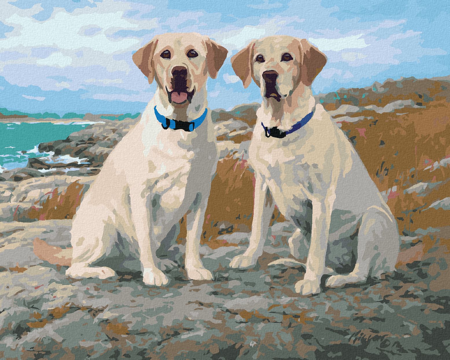 zuty Malování podle čísel - ZLATÍ LABRADOŘI NA POBŘEŽÍ (JIM KILLEN) - Rozměr: 40x50 cm, Rámování: Varianta: bez rámu a bez vypnutí plátna - obrázek 1