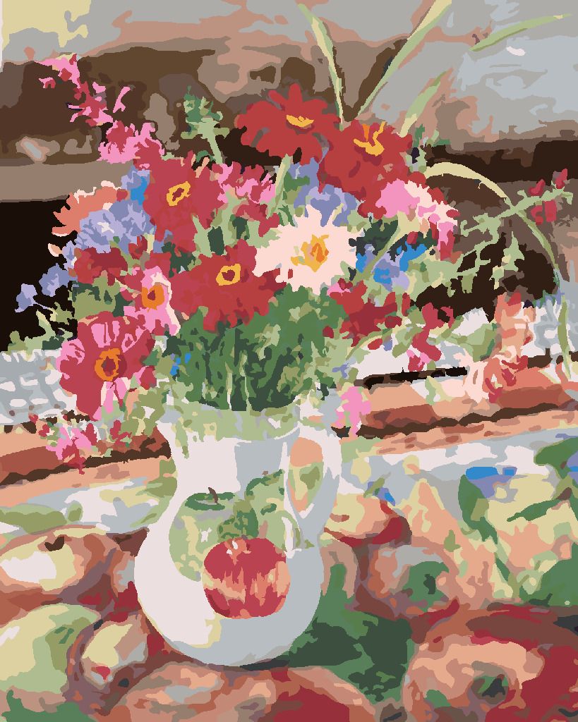 zuty Malování podle čísel – KVĚTINY VE DŽBÁNU A JABLKA (JUDY BUSWELL) - Rozměr: 40x50 cm, Rámování: Varianta: vypnuté plátno na rám - obrázek 4