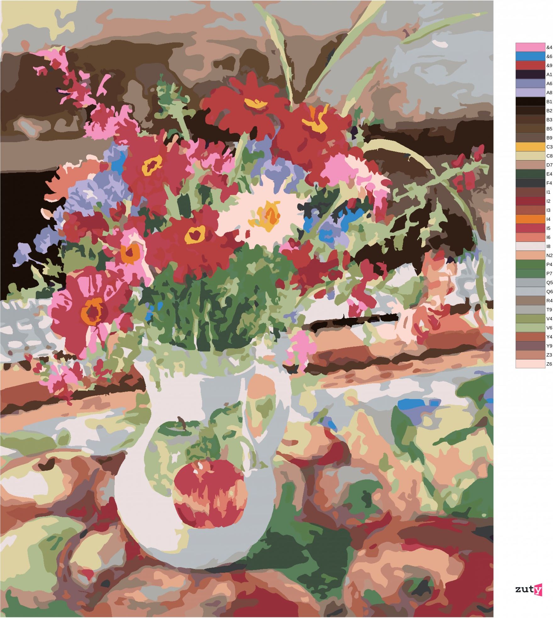 zuty Malování podle čísel – KVĚTINY VE DŽBÁNU A JABLKA (JUDY BUSWELL) - Rozměr: 40x50 cm, Rámování: Varianta: vypnuté plátno na rám - obrázek 9