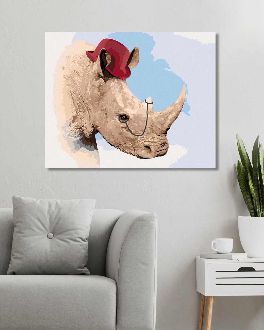 zuty Malování podle čísel - NOSOROŽEC S ČERVENOU ČEPICÍ A MONOKLEM (LARRY HERSBERGER) - Rozměr: 40x50 cm, Rámování: Varianta: bez rámu a bez vypnutí plátna - obrázek 6