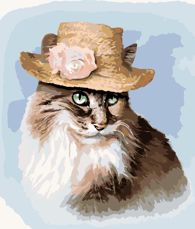 zuty Malování podle čísel - KOČKA SE SLÁMĚNOU ČEPICÍ S RŮŽÍ (LARRY HERSBERGER) - Rozměr: 40x50 cm, Rámování: Varianta: bez rámu a bez vypnutí plátna - obrázek 6