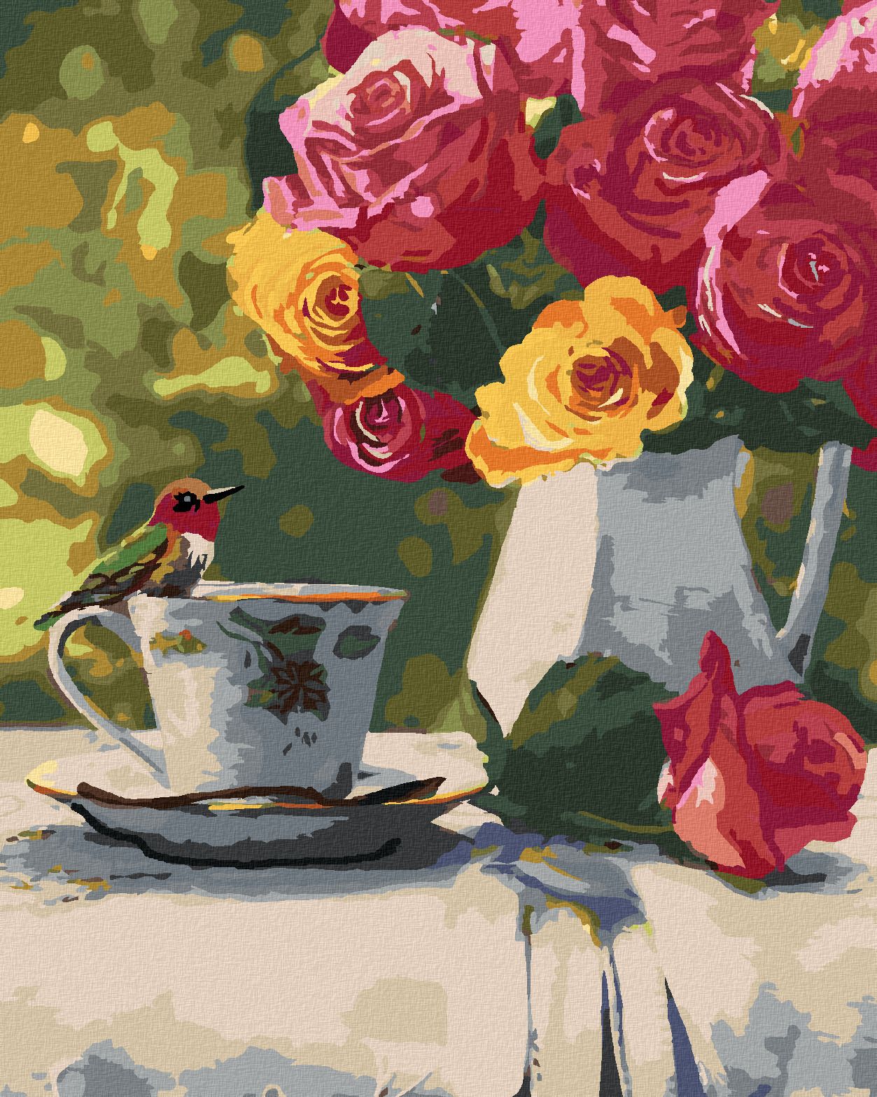 zuty Malování podle čísel – PTÁK NA ČAJOVÉM HRNÍČKU, VÁZA S RŮŽEMI A RUKAVICE (VICTORIA SCHULTZ) - Rozměr: 40x50 cm, Rámování: Varianta: bez rámu a bez vypnutí plátna - obrázek 1