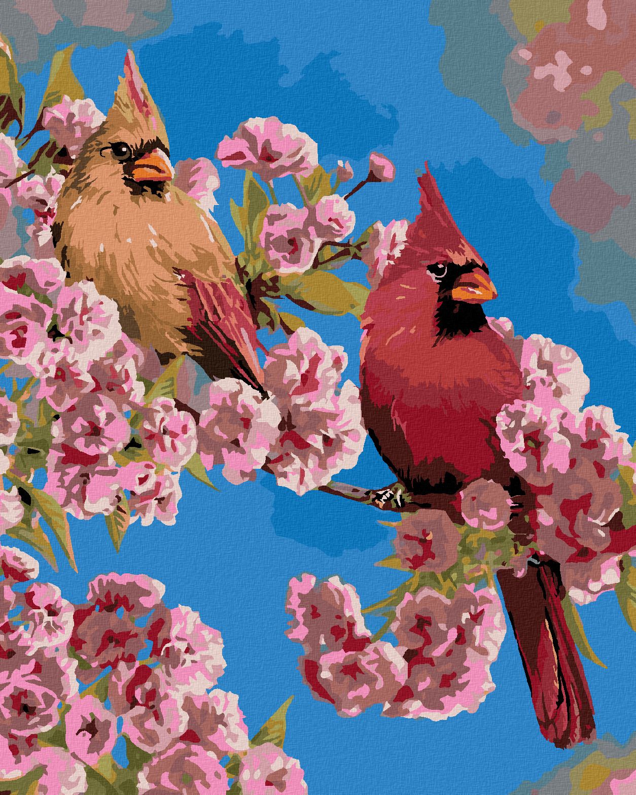zuty Malování podle čísel – PTÁK KARDINÁL NA VĚTVI S RŮŽOVÝMI KVĚTY (VICTORIA SCHULTZ) - Rozměr: 40x50 cm, Rámování: Varianta: vypnuté plátno na rám - obrázek 1