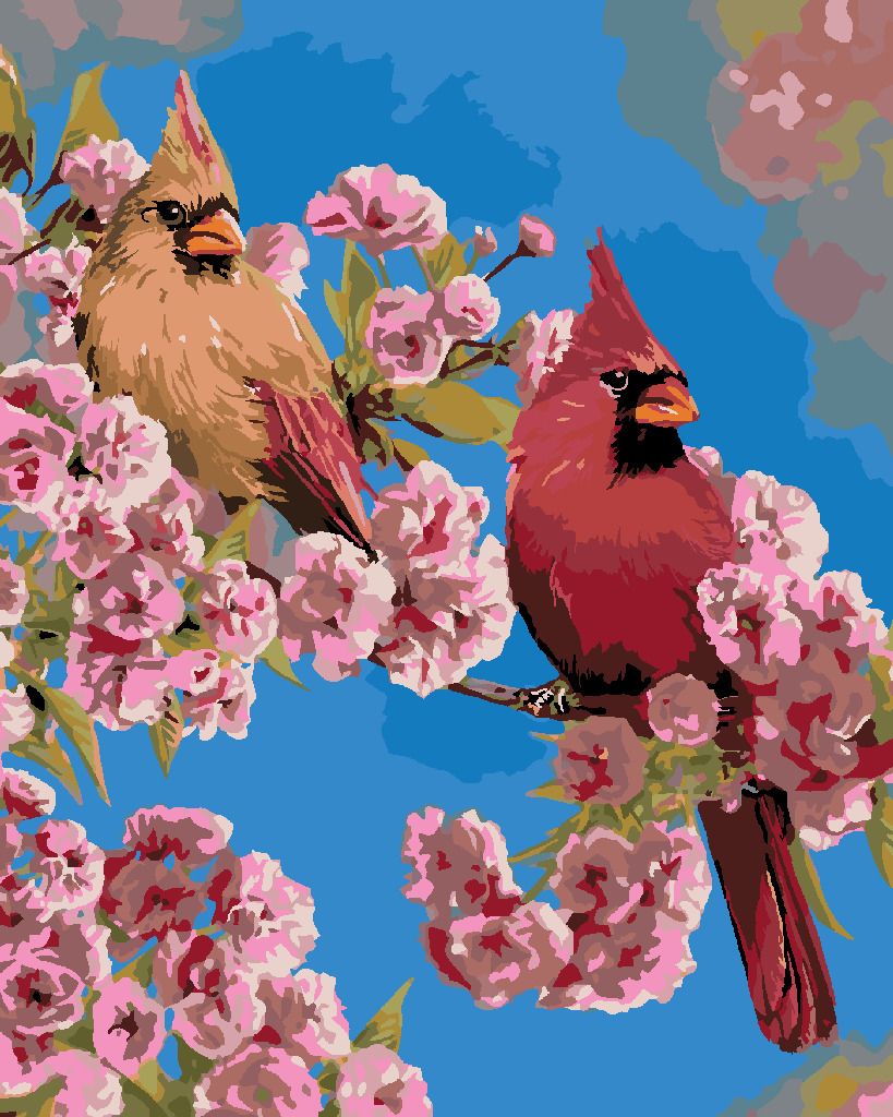 zuty Malování podle čísel – PTÁK KARDINÁL NA VĚTVI S RŮŽOVÝMI KVĚTY (VICTORIA SCHULTZ) - Rozměr: 40x50 cm, Rámování: Varianta: vypnuté plátno na rám - obrázek 9