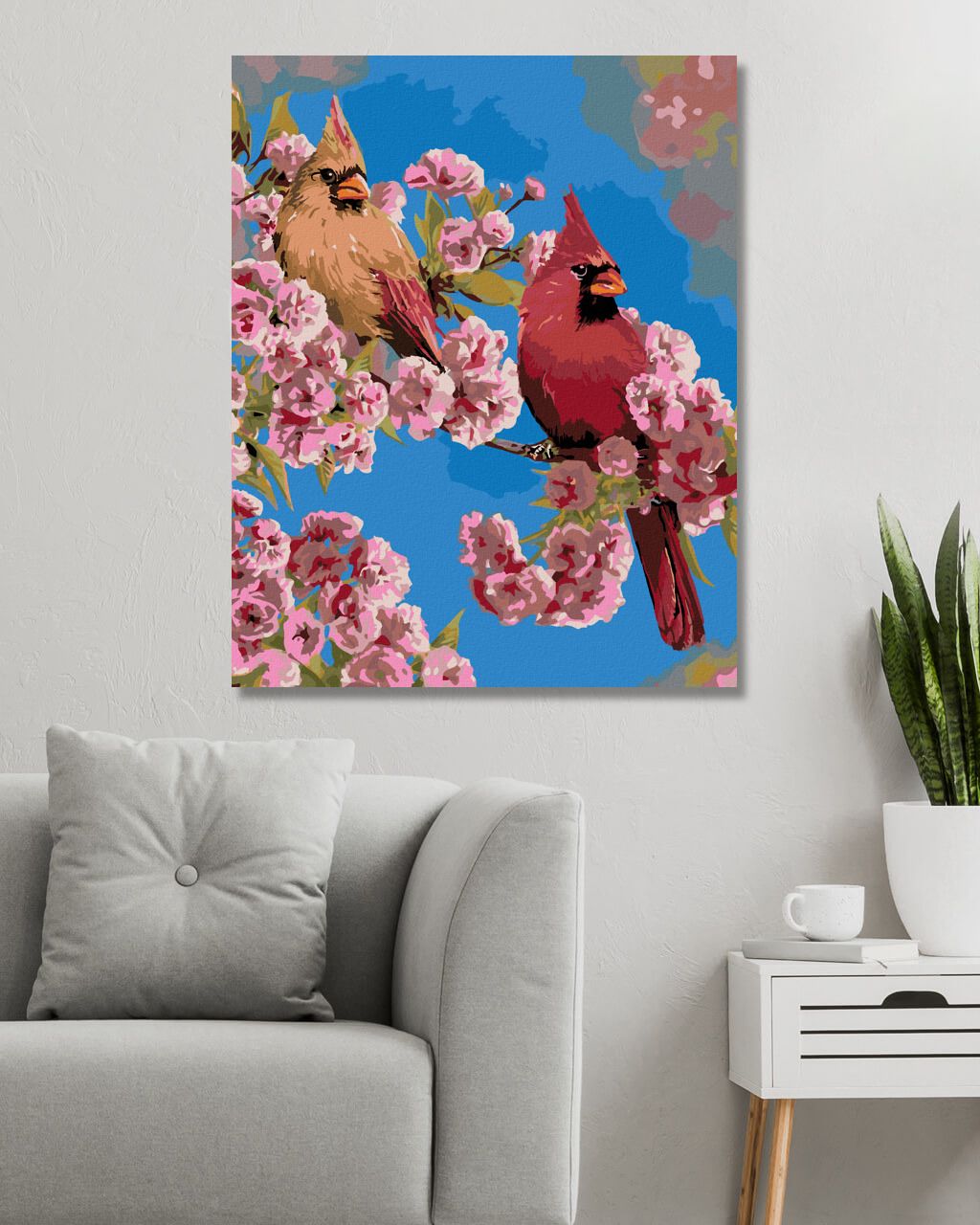 zuty Malování podle čísel – PTÁK KARDINÁL NA VĚTVI S RŮŽOVÝMI KVĚTY (VICTORIA SCHULTZ) - Rozměr: 40x50 cm, Rámování: Varianta: vypnuté plátno na rám - obrázek 10