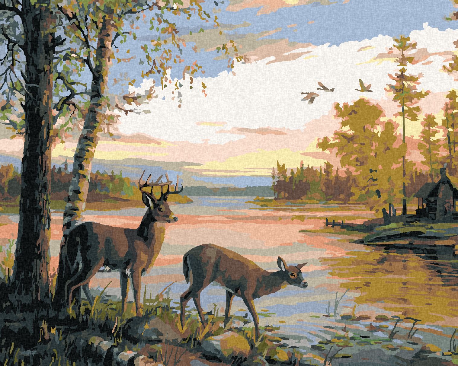 zuty Malování podle čísel – SRNEC A SRNA U RYBNÍKA, CHATA A ZÁPAD SLUNCE (NORTHERN PROMOTIONS) - Rozměr: 40x50 cm, Rámování: Varianta: bez rámu a bez vypnutí plátna - obrázek 1