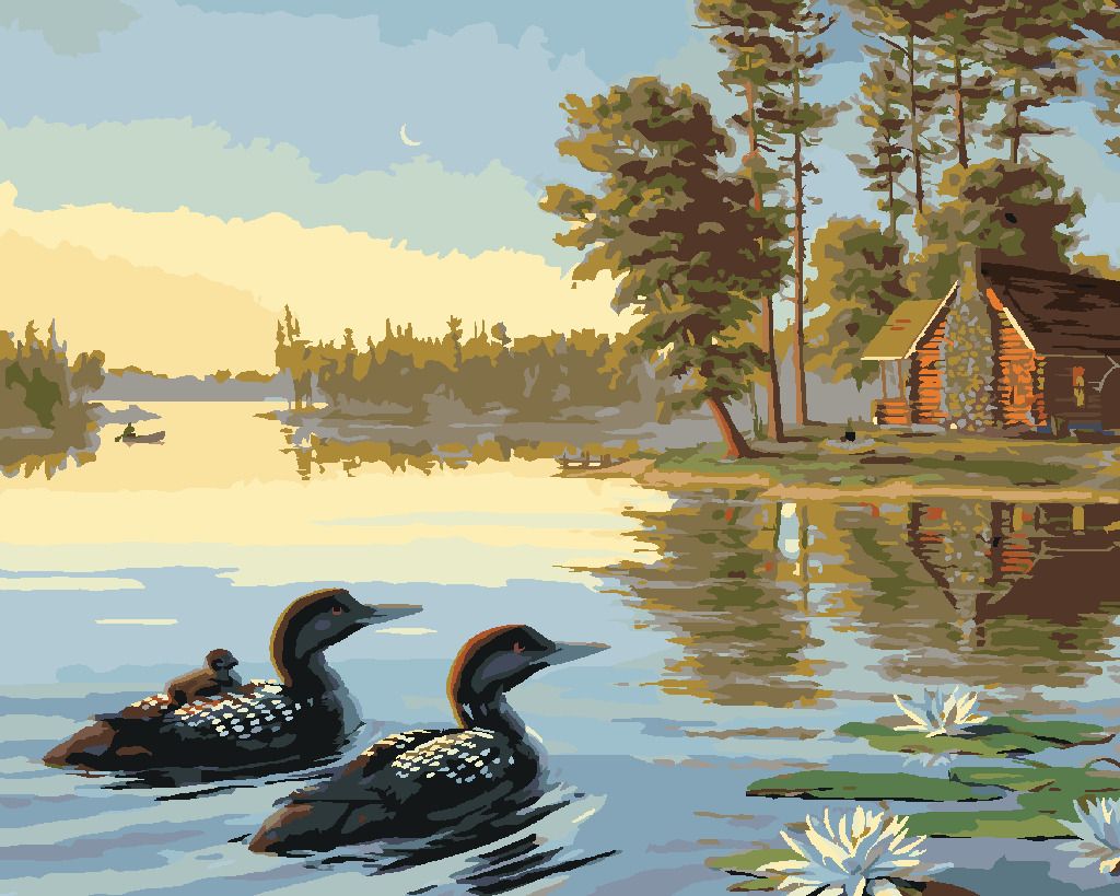 zuty Malování podle čísel – VODNÍ PTÁCI NA RYBNÍKU, LEKNÍNY A CHATA (NORTHERN PROMOTIONS) - Rozměr: 40x50 cm, Rámování: Varianta: vypnuté plátno na rám - obrázek 5