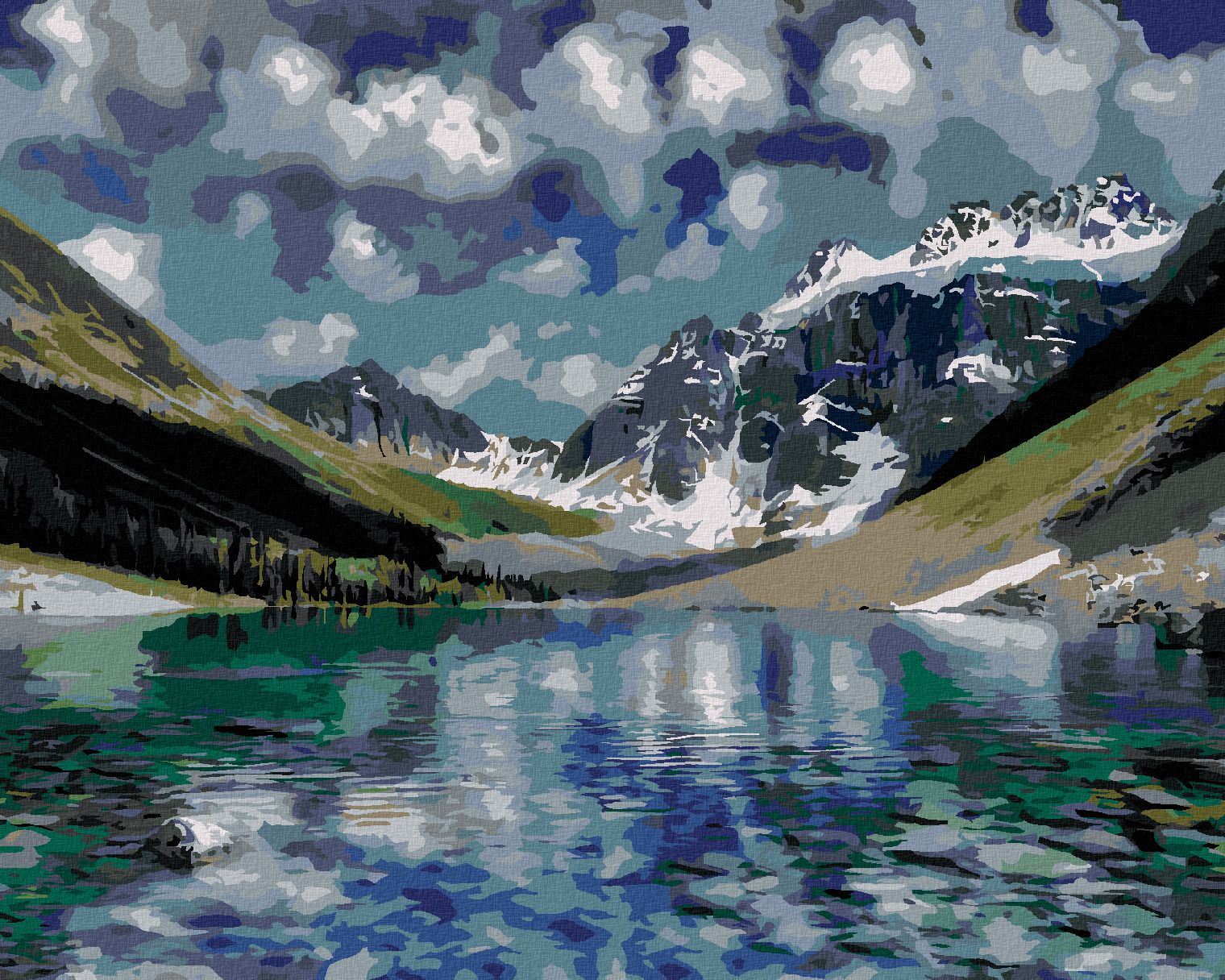 zuty Malování podle čísel - ZASNĚŽENÉ HORY A PRŮZRAČNÉ JEZERO (DENNIS FRATES) - Rozměr: 40x50 cm, Rámování: Varianta: bez rámu a bez vypnutí plátna - obrázek 1