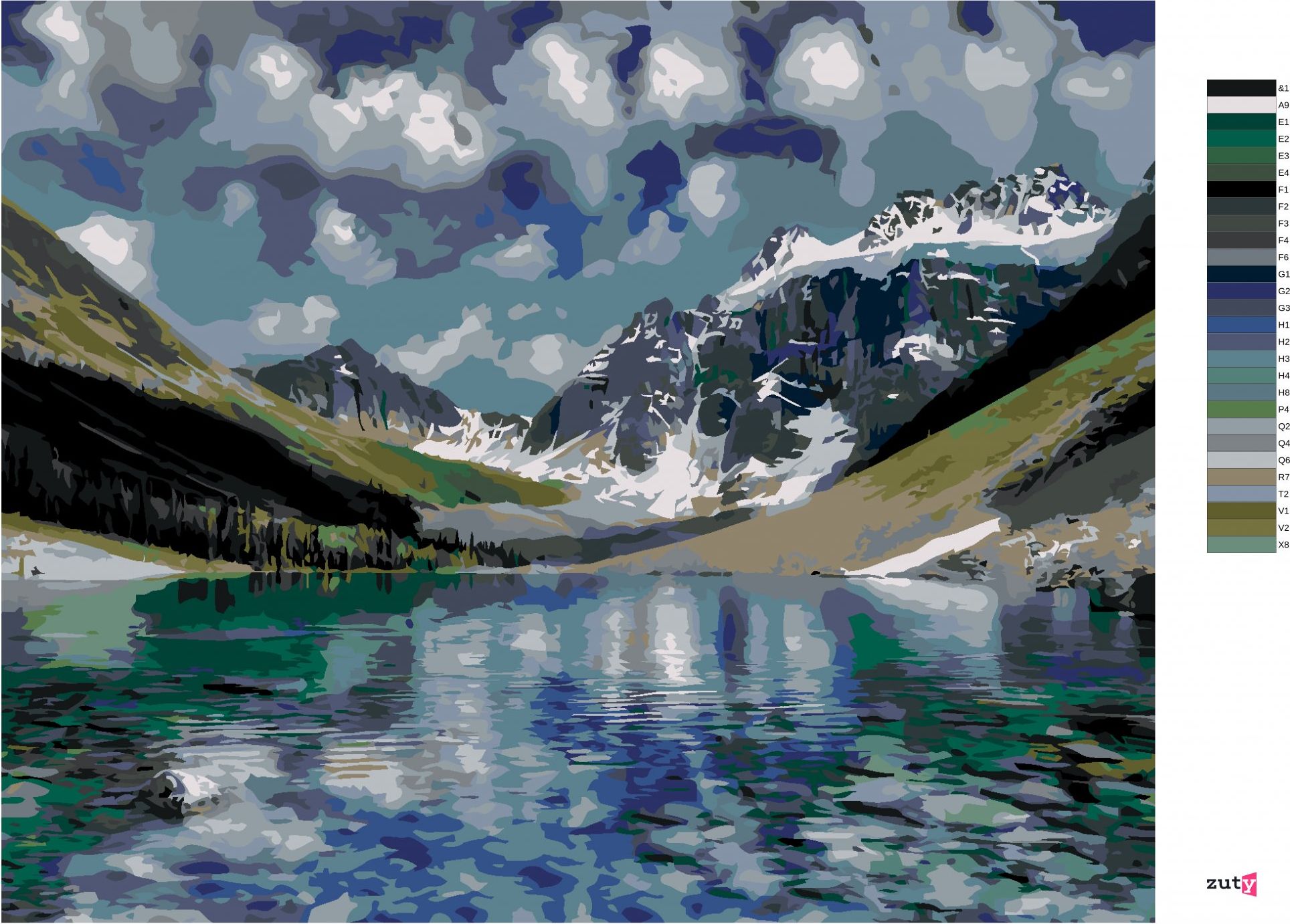 zuty Malování podle čísel - ZASNĚŽENÉ HORY A PRŮZRAČNÉ JEZERO (DENNIS FRATES) - Rozměr: 40x50 cm, Rámování: Varianta: bez rámu a bez vypnutí plátna - obrázek 6