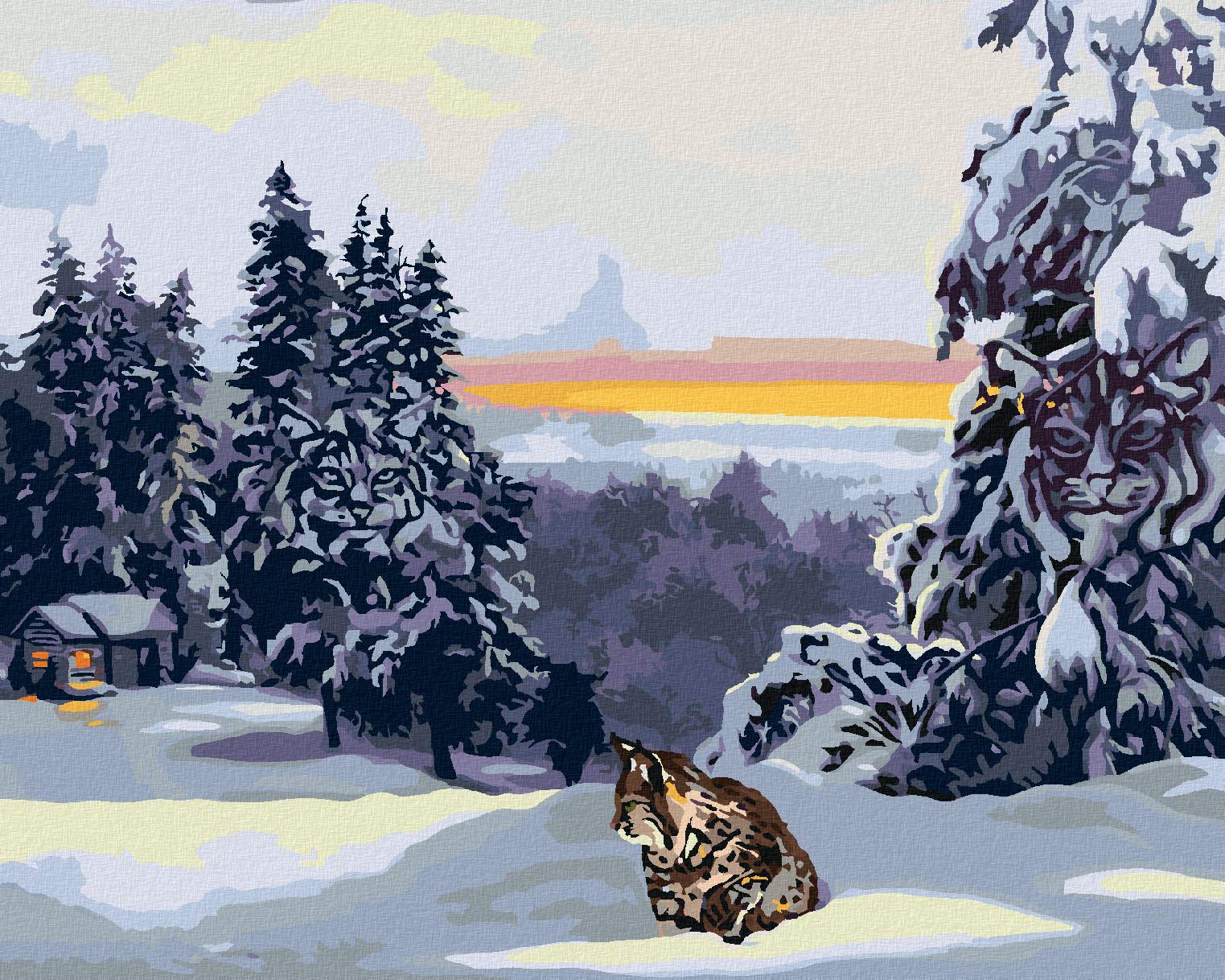 zuty Malování podle čísel - RYS VE SNĚHU, CHATA A LES (D. RUSTY RUST) - Rozměr: 40x50 cm, Rámování: Varianta: bez rámu a bez vypnutí plátna - obrázek 1