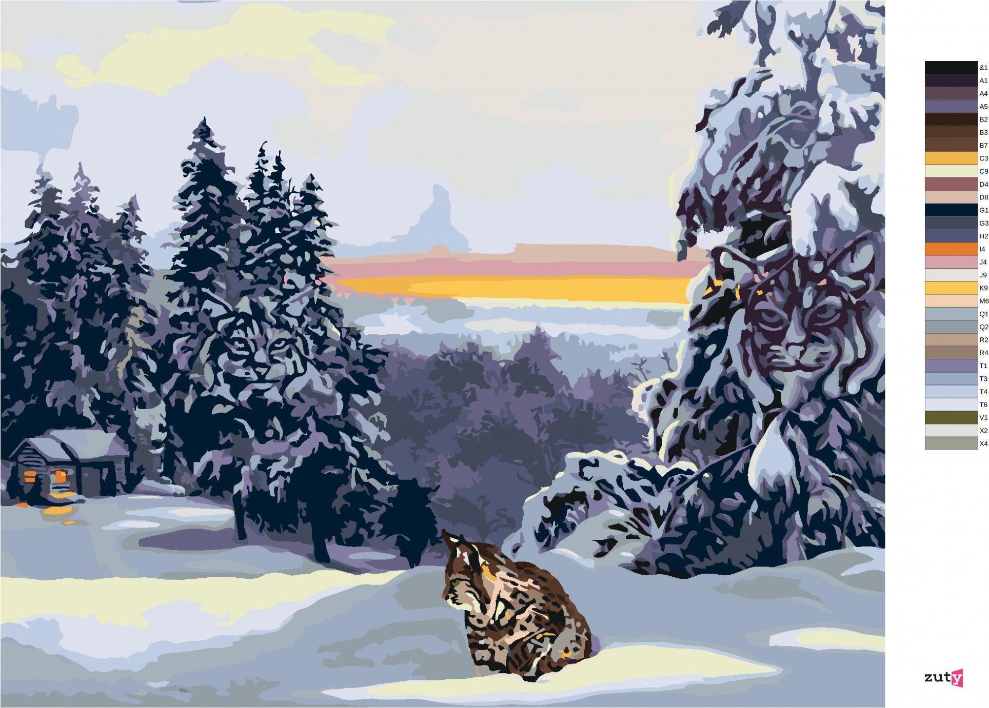 zuty Malování podle čísel - RYS VE SNĚHU, CHATA A LES (D. RUSTY RUST) - Rozměr: 40x50 cm, Rámování: Varianta: bez rámu a bez vypnutí plátna - obrázek 6