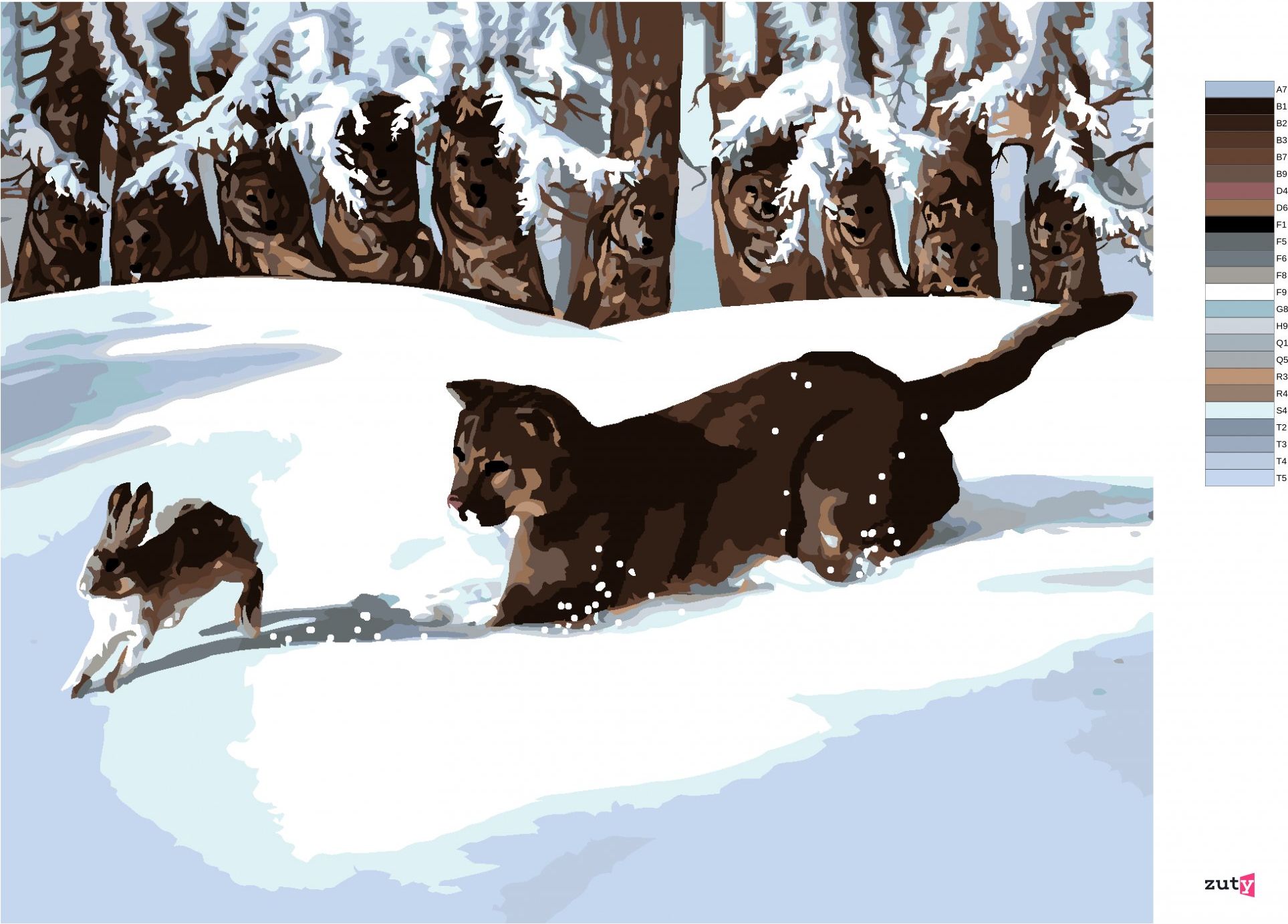 zuty Malování podle čísel - PUMA LOVÍCÍ ZAJÍCE VE SNĚHU (D. RUSTY RUST) - Rozměr: 40x50 cm, Rámování: Varianta: vypnuté plátno na rám - obrázek 5