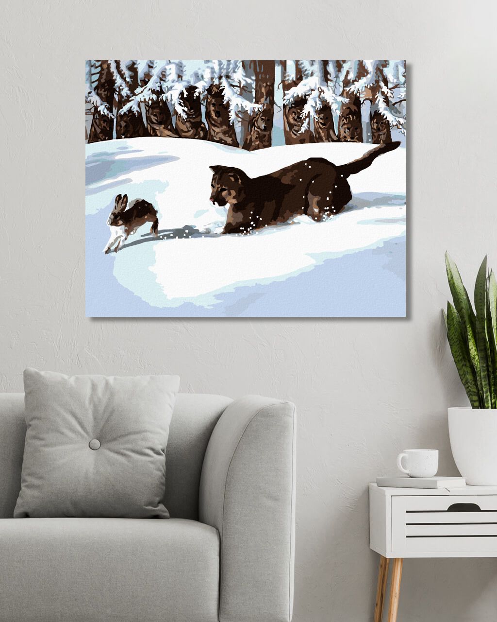 zuty Malování podle čísel - PUMA LOVÍCÍ ZAJÍCE VE SNĚHU (D. RUSTY RUST) - Rozměr: 40x50 cm, Rámování: Varianta: vypnuté plátno na rám - obrázek 7