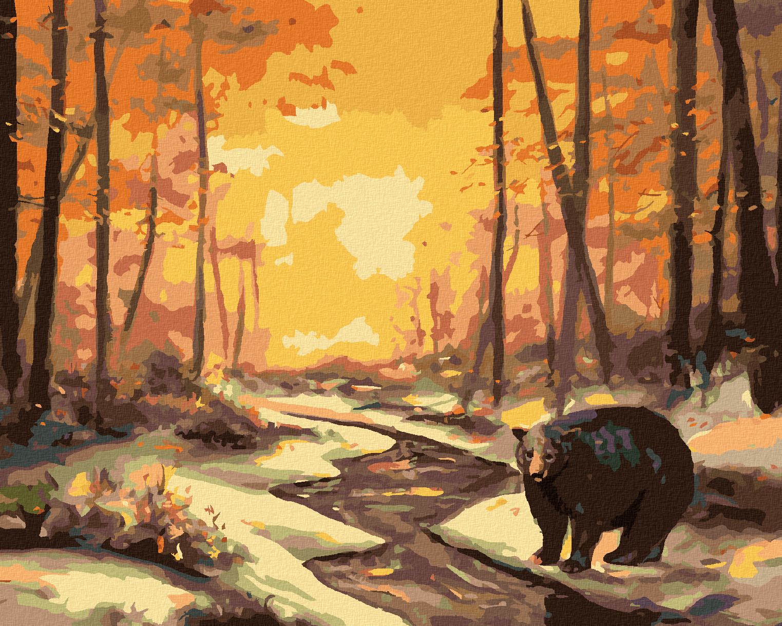 zuty Malování podle čísel - MEDVĚD U ŘEKY V ZIMĚ A ZÁPAD SLUNCE (D. RUSTY RUST) - Rozměr: 40x50 cm, Rámování: Varianta: vypnuté plátno na rám - obrázek 1