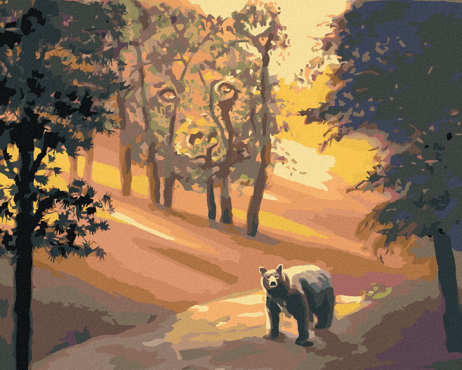 zuty Malování podle čísel - MEDVĚD V LESE A ZÁPAD SLUNCE (D. RUSTY RUST) - Rozměr: 40x50 cm, Rámování: Varianta: vypnuté plátno na rám - obrázek 1