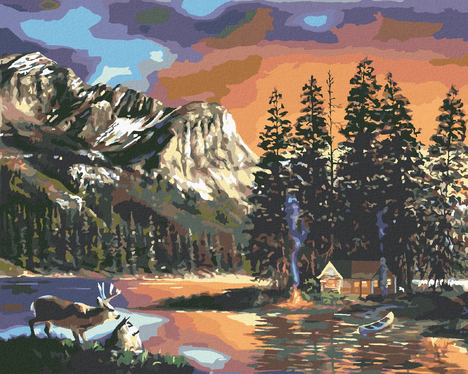 zuty Malování podle čísel - CHATA, JEZERO, JELEN A HORY (D. RUSTY RUST) - Rozměr: 40x50 cm, Rámování: Varianta: bez rámu a bez vypnutí plátna - obrázek 1