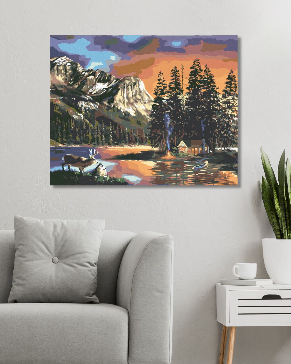 zuty Malování podle čísel - CHATA, JEZERO, JELEN A HORY (D. RUSTY RUST) - Rozměr: 40x50 cm, Rámování: Varianta: bez rámu a bez vypnutí plátna - obrázek 2