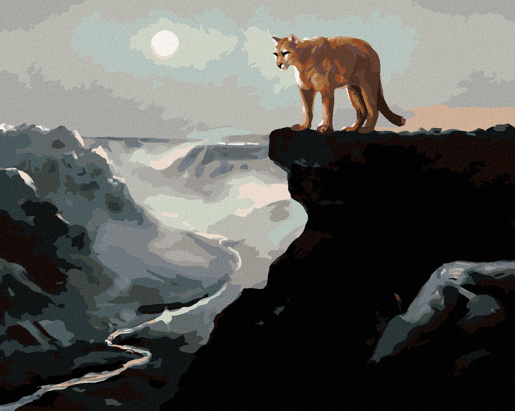 zuty Malování podle čísel - PUMA NA SKÁLE, ŘEKÁ V ÚDOLÍ A MĚSÍC (D. RUSTY RUST) - Rozměr: 40x50 cm, Rámování: Varianta: vypnuté plátno na rám - obrázek 1