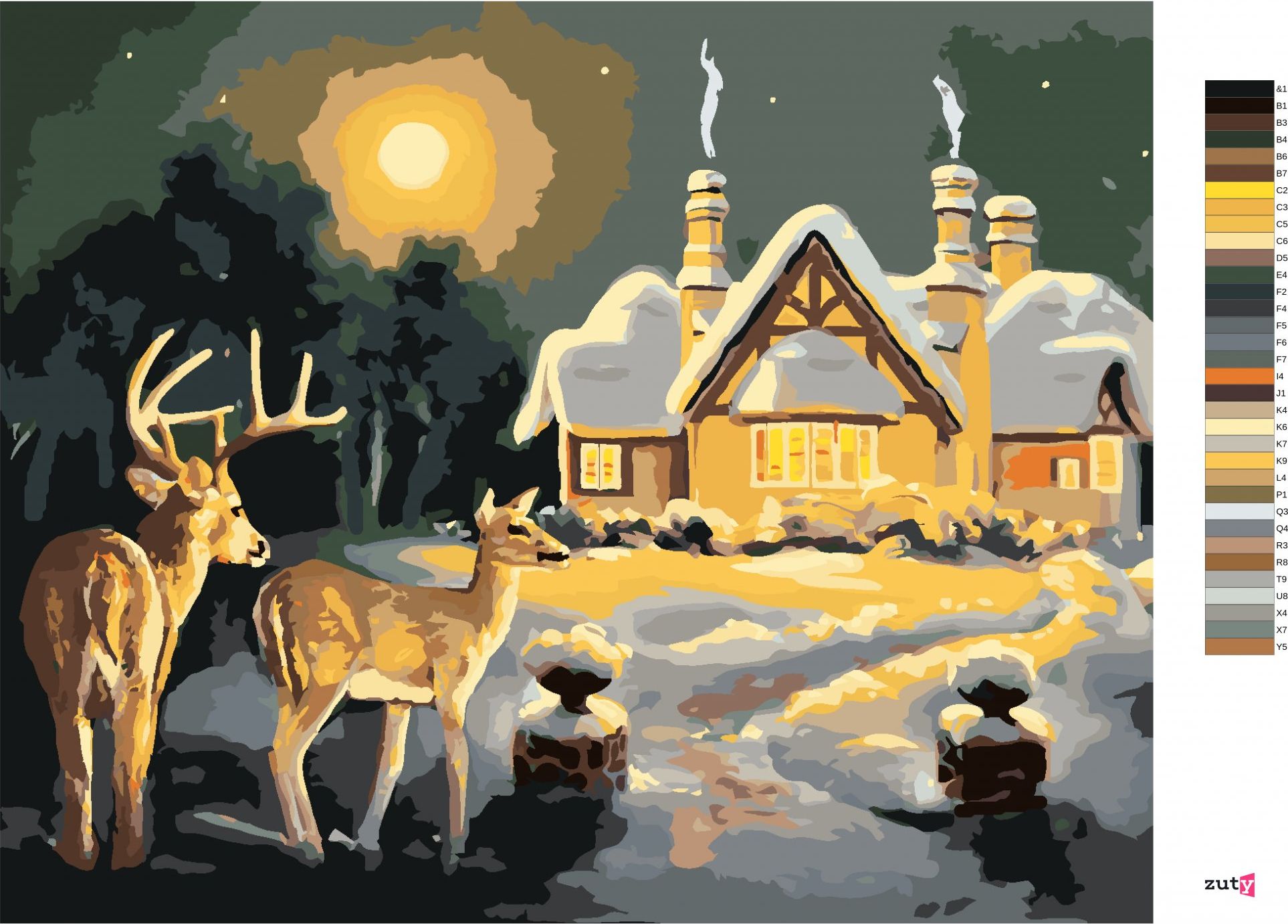 zuty Malování podle čísel - JELEN A LAŇ U ZASNĚŽENÉHO DOMU (D. RUSTY RUST) - Rozměr: 40x50 cm, Rámování: Varianta: vypnuté plátno na rám - obrázek 6