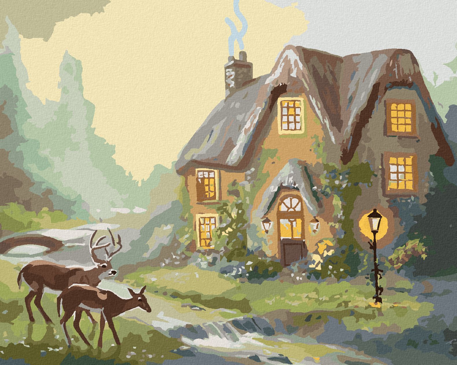 zuty Malování podle čísel - JELEN A LAŇ U LESNÍHO DOMU (D. RUSTY RUST) - Rozměr: 40x50 cm, Rámování: Varianta: vypnuté plátno na rám - obrázek 1