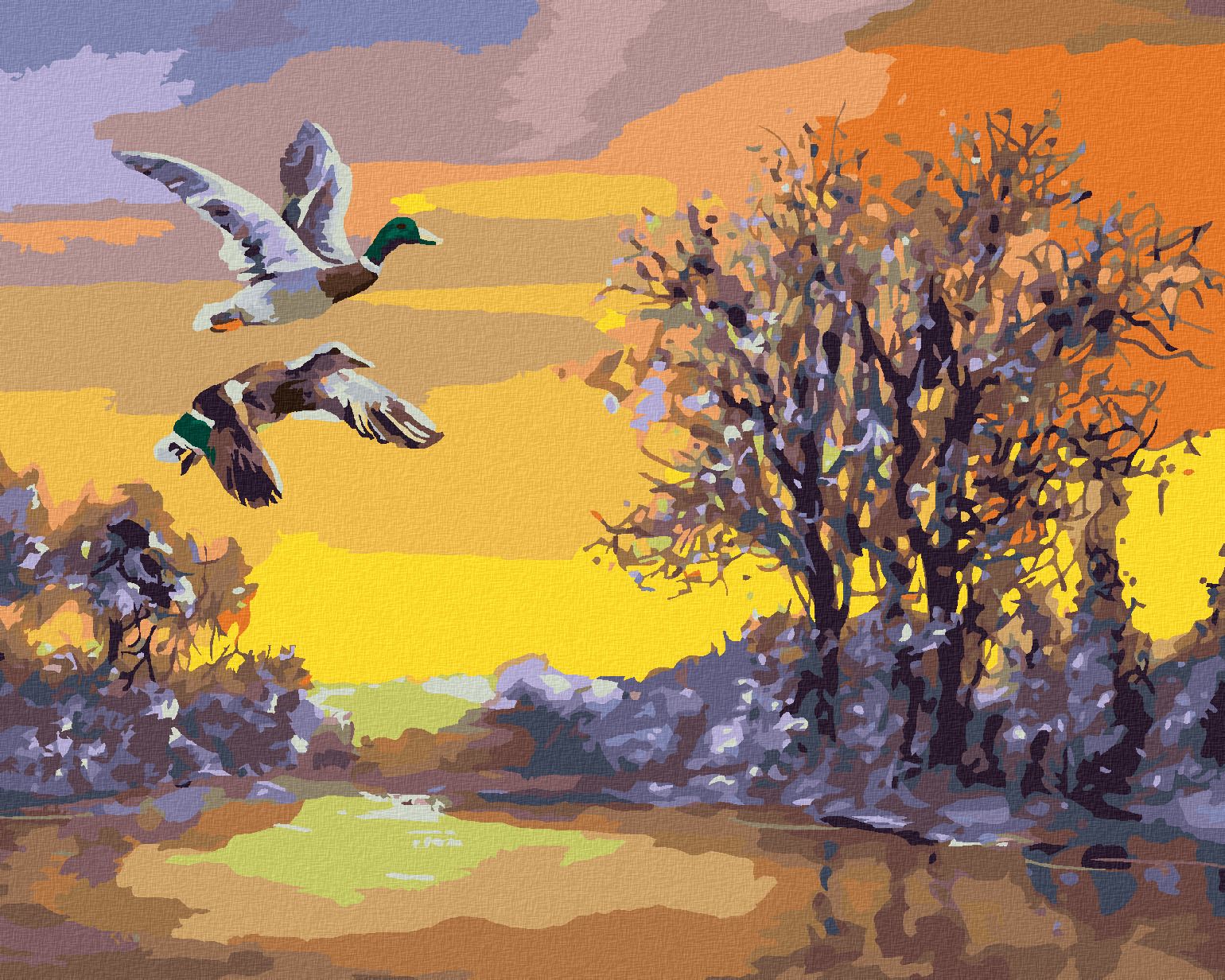 zuty Malování podle čísel - LETÍCÍ KACHNY NAD ŘEKOU V ZIMĚ (D. RUSTY RUST) - Rozměr: 40x50 cm, Rámování: Varianta: vypnuté plátno na rám - obrázek 1