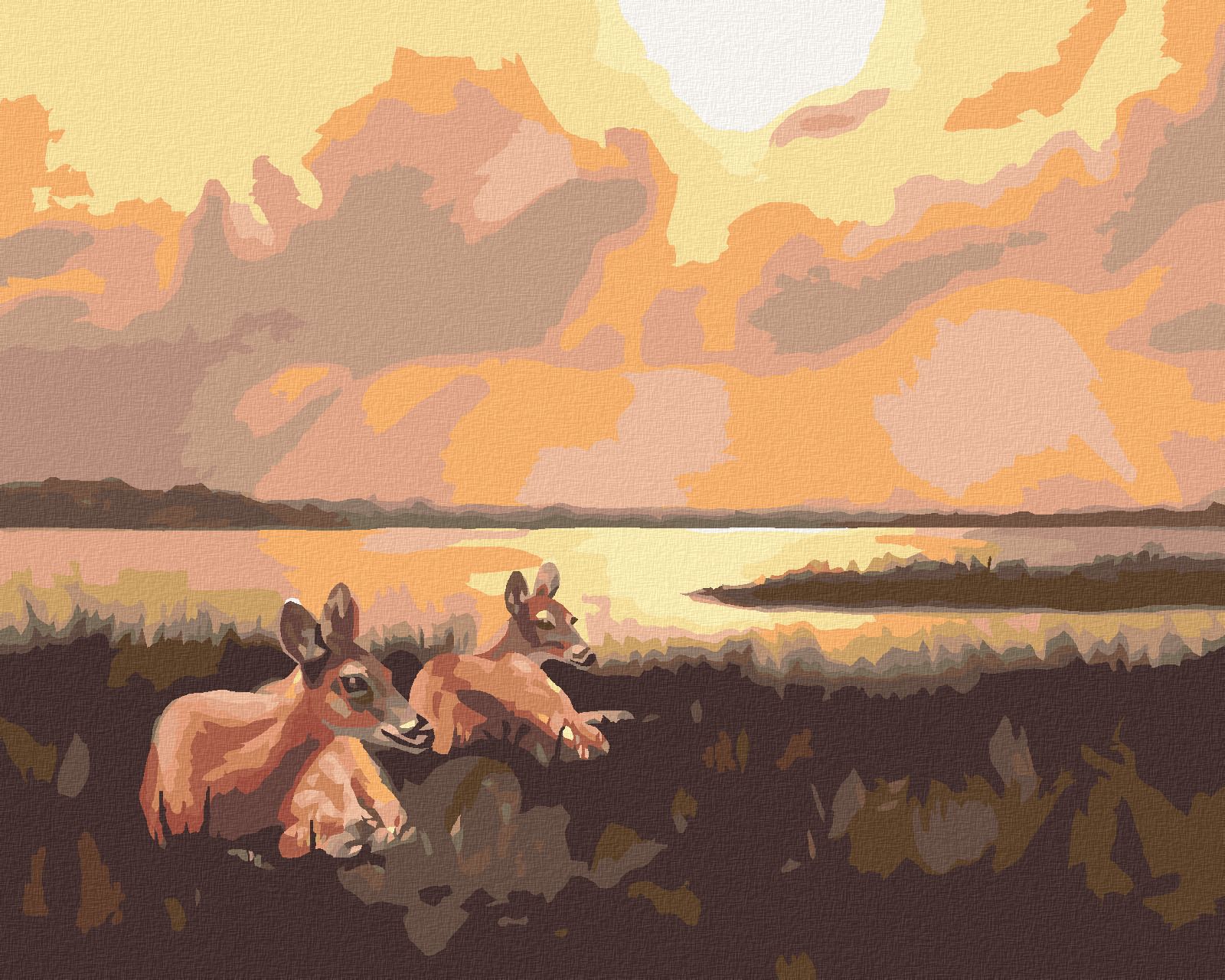 zuty Malování podle čísel - LEŽÍCÍ SRNY A VÝCHOD SLUNCE (D. RUSTY RUST) - Rozměr: 40x50 cm, Rámování: Varianta: bez rámu a bez vypnutí plátna - obrázek 1