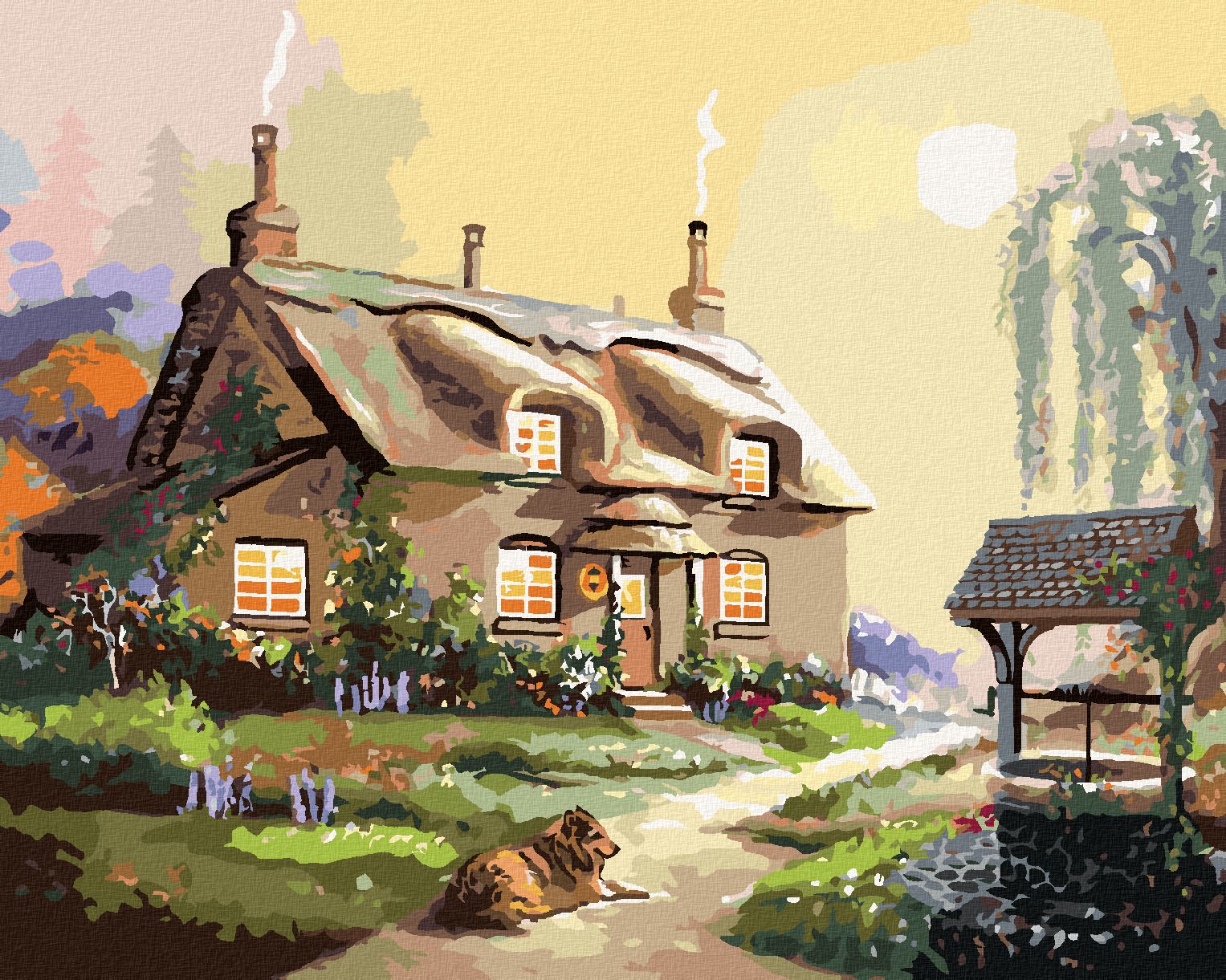 zuty Malování podle čísel - PES PŘED CHALOUPKOU A STUDNA (D. RUSTY RUST) - Rozměr: 40x50 cm, Rámování: Varianta: bez rámu a bez vypnutí plátna - obrázek 1