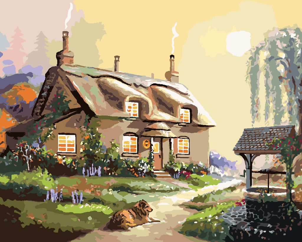 zuty Malování podle čísel - PES PŘED CHALOUPKOU A STUDNA (D. RUSTY RUST) - Rozměr: 40x50 cm, Rámování: Varianta: bez rámu a bez vypnutí plátna - obrázek 2