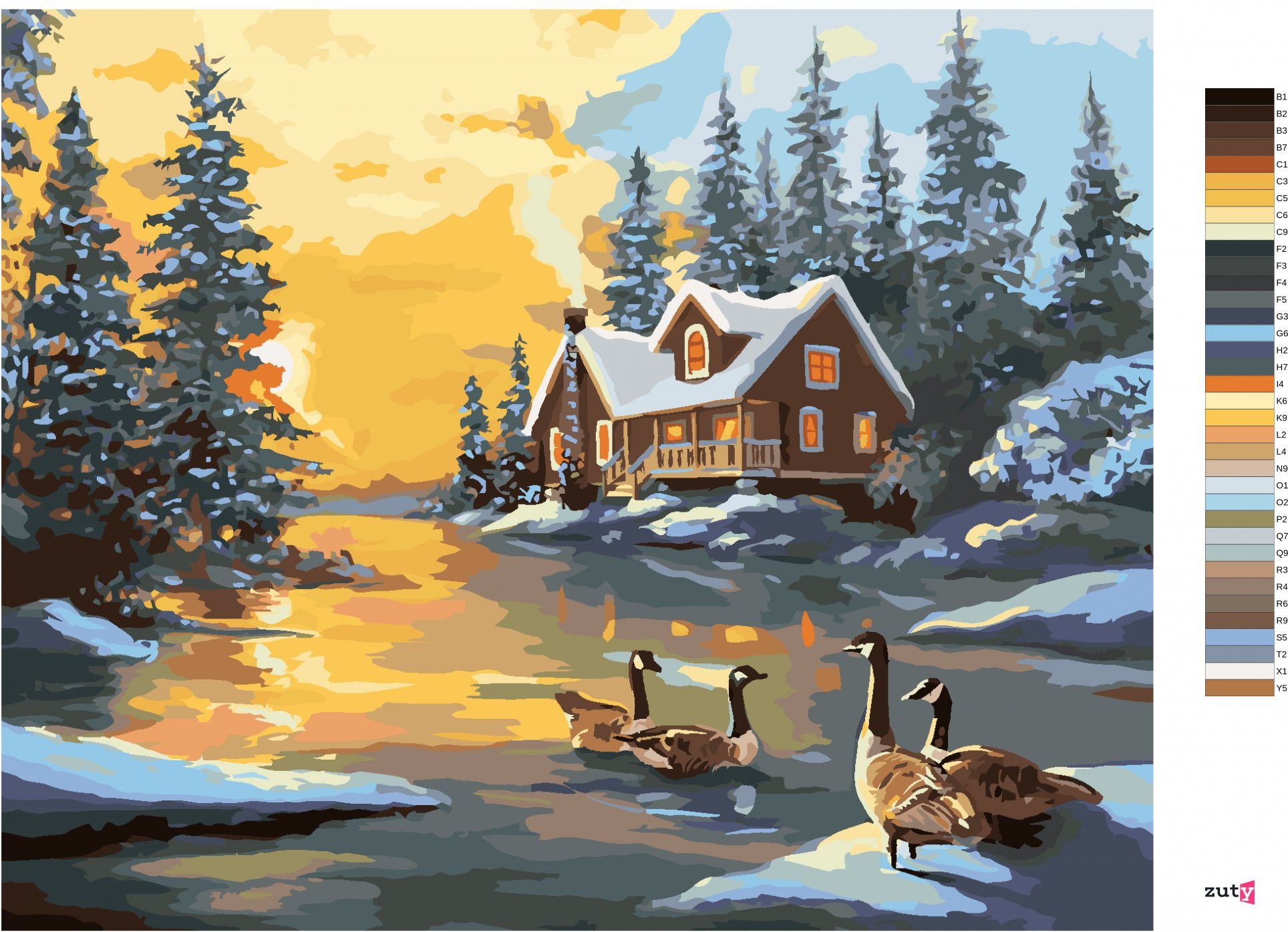 zuty Malování podle čísel - KACHNY NA ŘECE U ZASNĚŽENÉHO DOMU (D. RUSTY RUST) - Rozměr: 40x50 cm, Rámování: Varianta: vypnuté plátno na rám - obrázek 7
