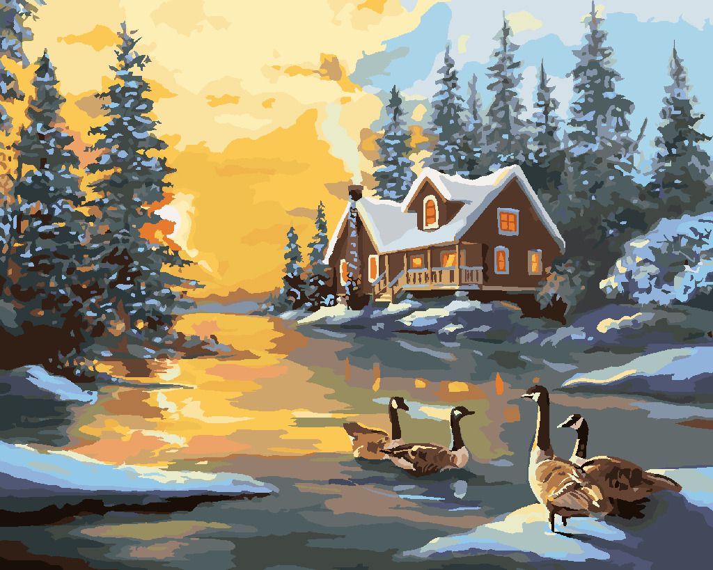 zuty Malování podle čísel - KACHNY NA ŘECE U ZASNĚŽENÉHO DOMU (D. RUSTY RUST) - Rozměr: 40x50 cm, Rámování: Varianta: vypnuté plátno na rám - obrázek 9