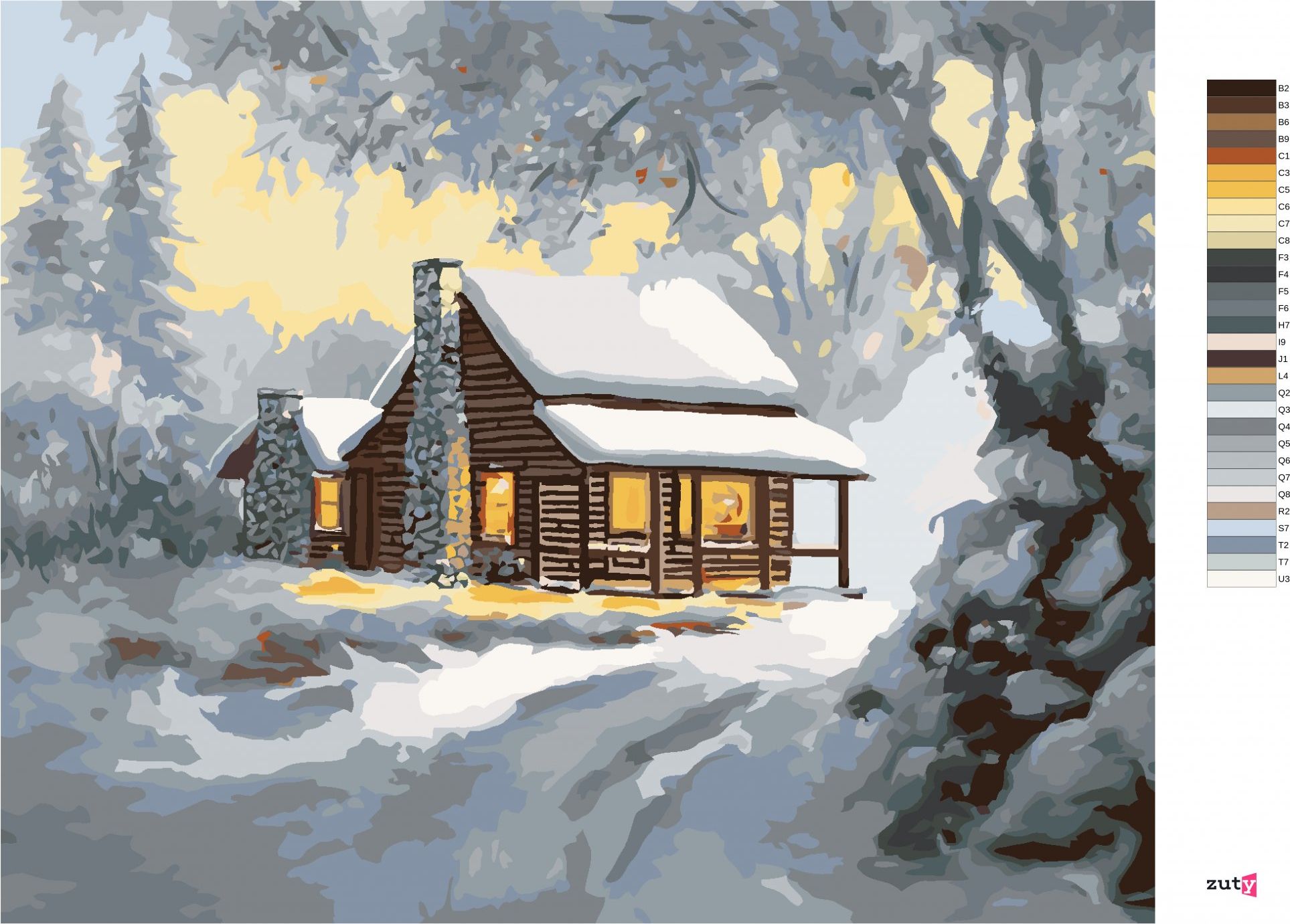 zuty Malování podle čísel - ZASNĚŽENÝ SRUB PŘI ROZBŘESKU (D. RUSTY RUST) - Rozměr: 40x50 cm, Rámování: Varianta: vypnuté plátno na rám - obrázek 6