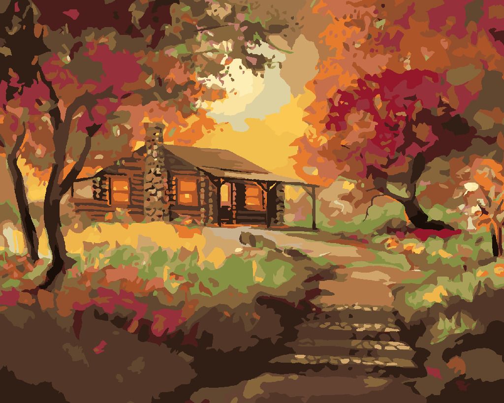 zuty Malování podle čísel - SRUB PŘI ZÁPADU SLUNCE NA PODZIM (D. RUSTY RUST) - Rozměr: 40x50 cm, Rámování: Varianta: vypnuté plátno na rám - obrázek 2