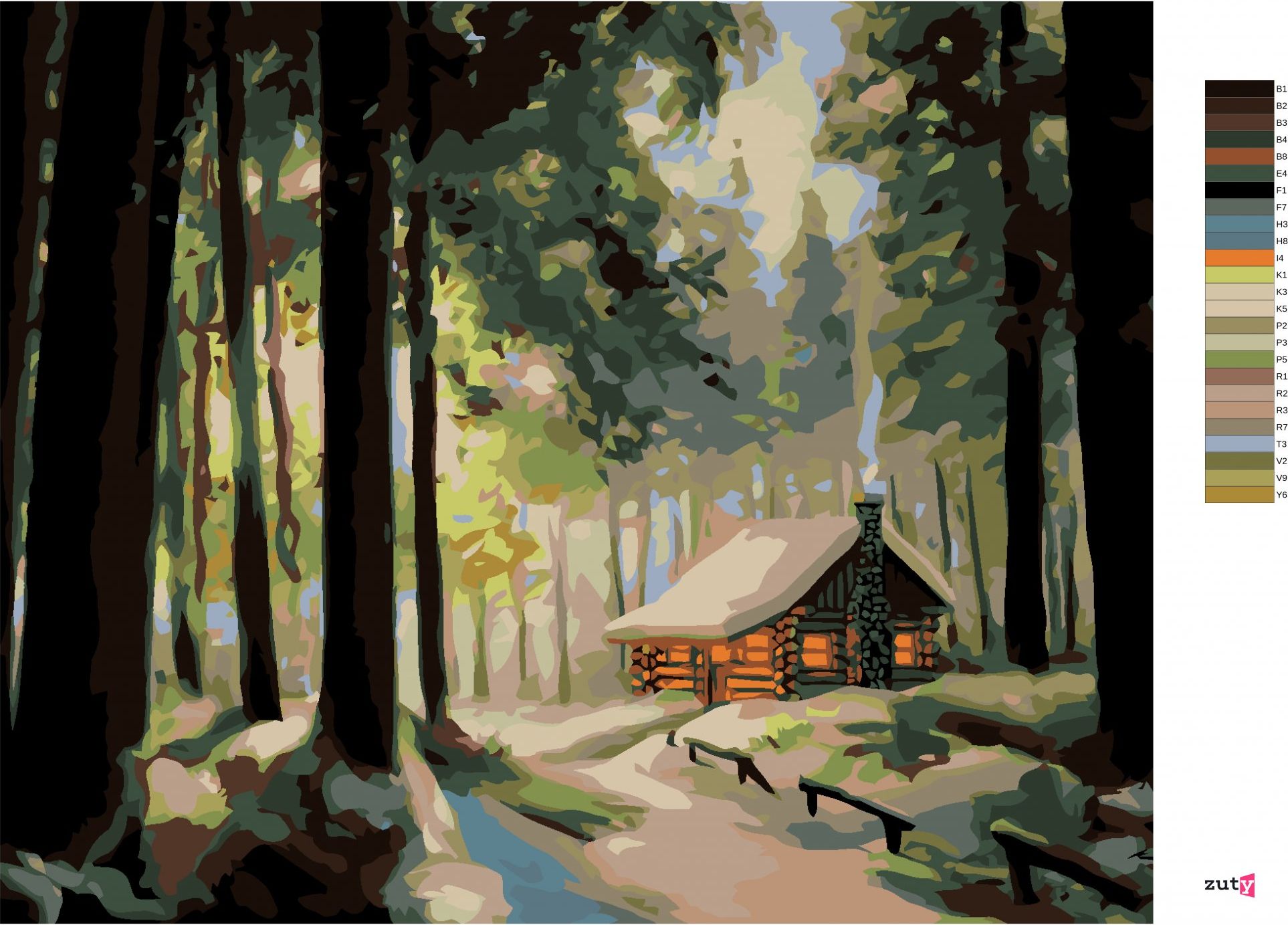 zuty Malování podle čísel - ZASNĚŽENÝ SRUB V LESE 3 (D. RUSTY RUST) - Rozměr: 40x50 cm, Rámování: Varianta: bez rámu a bez vypnutí plátna - obrázek 2
