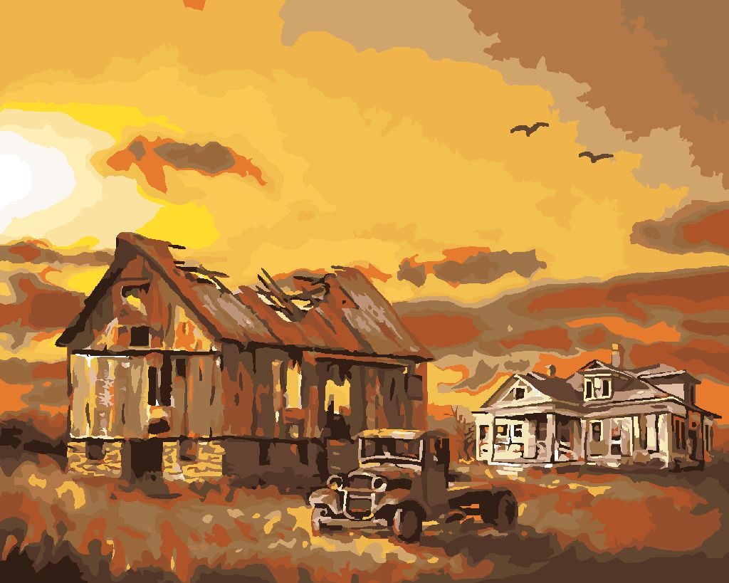 zuty Malování podle čísel - STODOLA S ROZPADLOU STŘECHOU (D. RUSTY RUST) - Rozměr: 40x50 cm, Rámování: Varianta: vypnuté plátno na rám - obrázek 2