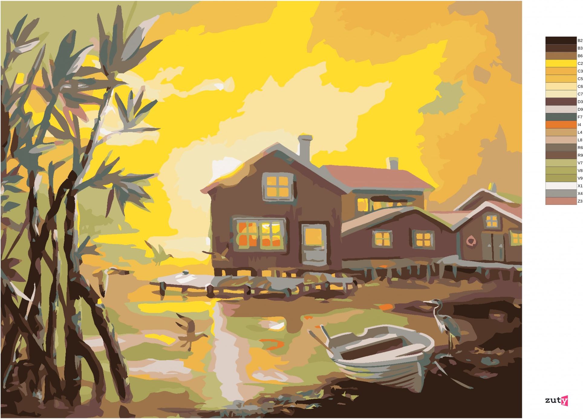 zuty Malování podle čísel - DOMY S MOLEM U JEZERA, VOLAVKA A RACCI A ZÁPAD SLUNCE (D. RUSTY RUST) - Rozměr: 40x50 cm, Rámování: Varianta: vypnuté plátno na rám - obrázek 3