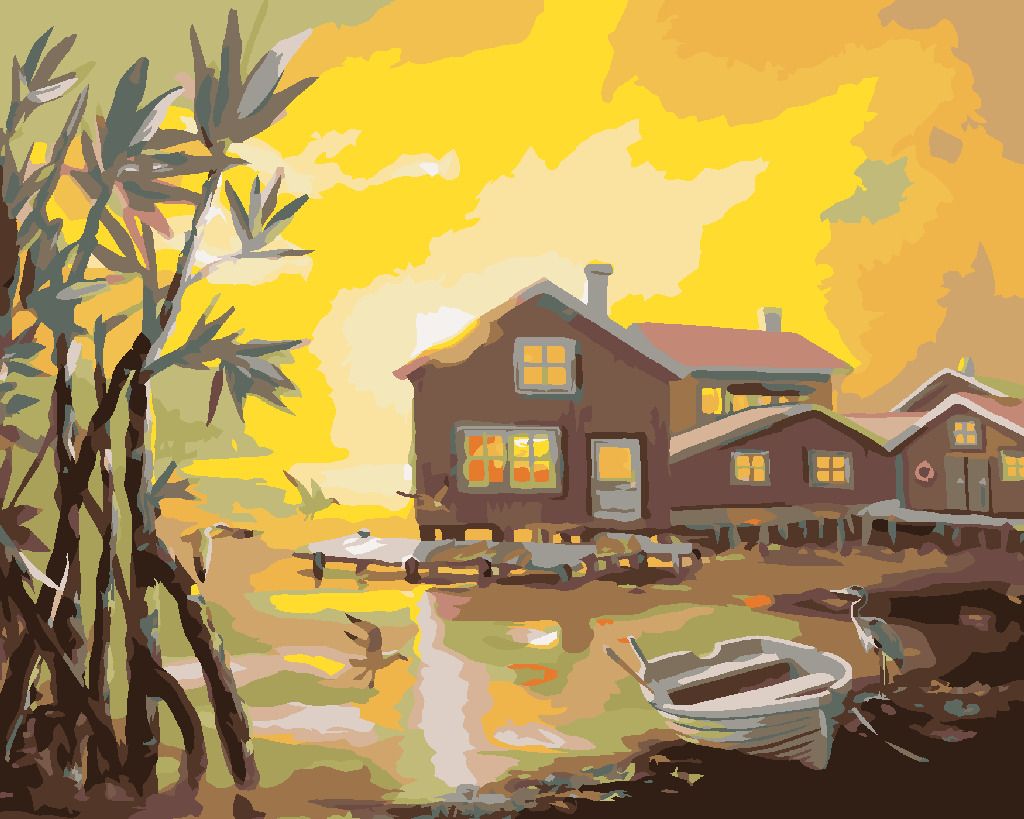 zuty Malování podle čísel - DOMY S MOLEM U JEZERA, VOLAVKA A RACCI A ZÁPAD SLUNCE (D. RUSTY RUST) - Rozměr: 40x50 cm, Rámování: Varianta: vypnuté plátno na rám - obrázek 6