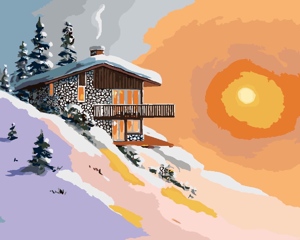 zuty Malování podle čísel - ZASNĚŽENÁ CHATA PŘI ZÁPADU SLUNCE (D. RUSTY RUST) - Rozměr: 40x50 cm, Rámování: Varianta: bez rámu a bez vypnutí plátna - obrázek 3