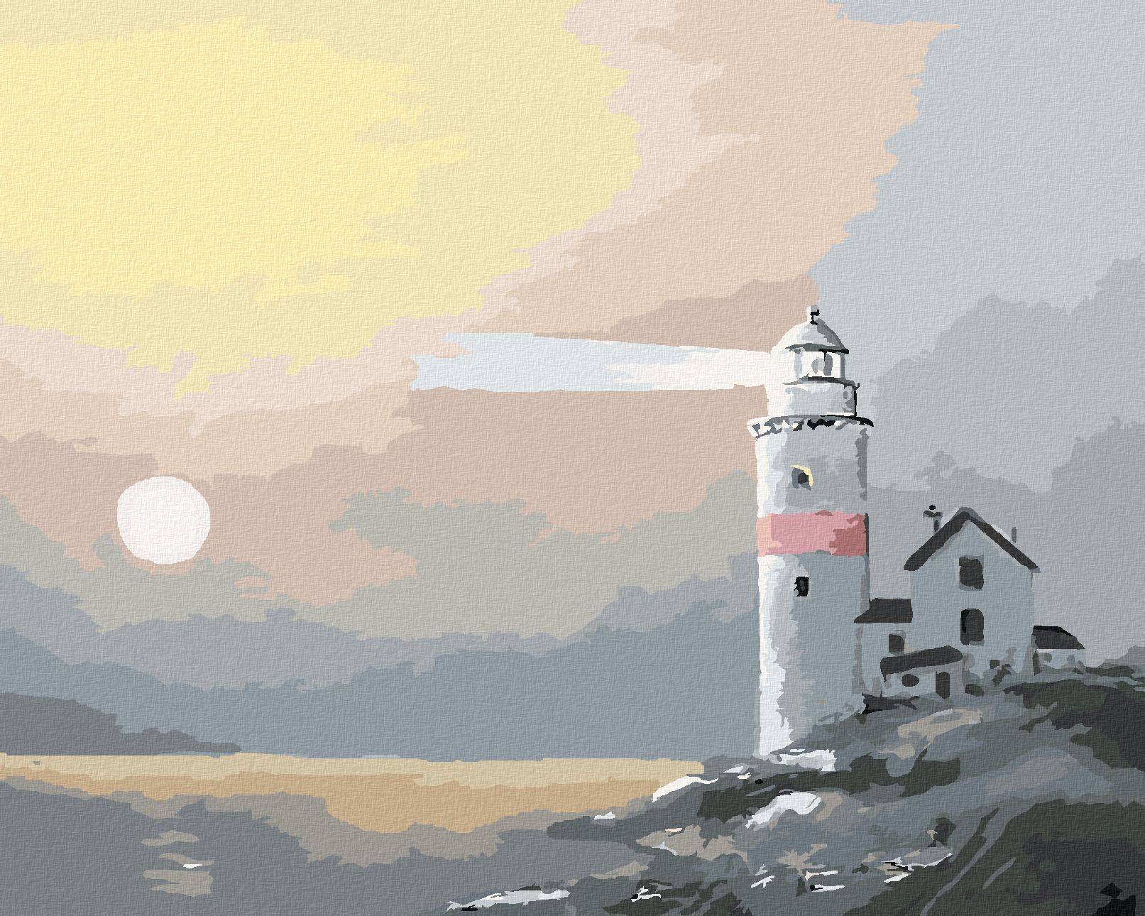 zuty Malování podle čísel - MAJÁK A SLUNCE V MLZE (D. RUSTY RUST) - Rozměr: 40x50 cm, Rámování: Varianta: vypnuté plátno na rám - obrázek 1