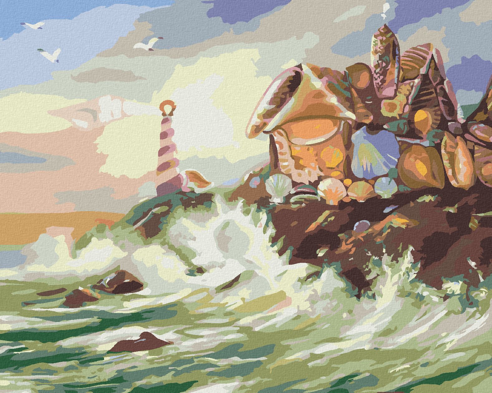 zuty Malování podle čísel - DŮM A MAJÁK Z MUŠLÍ A VLNY (D. RUSTY RUST) - Rozměr: 40x50 cm, Rámování: Varianta: bez rámu a bez vypnutí plátna - obrázek 1