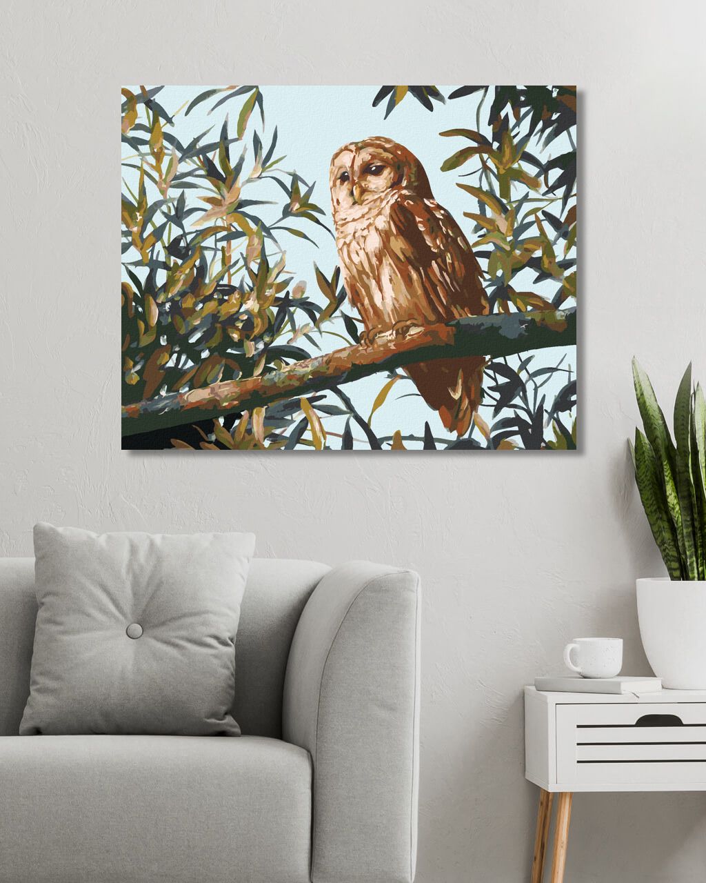 zuty Malování podle čísel - SOVA NA VĚTVI A LISTY (D. RUSTY RUST) - Rozměr: 40x50 cm, Rámování: Varianta: vypnuté plátno na rám - obrázek 4