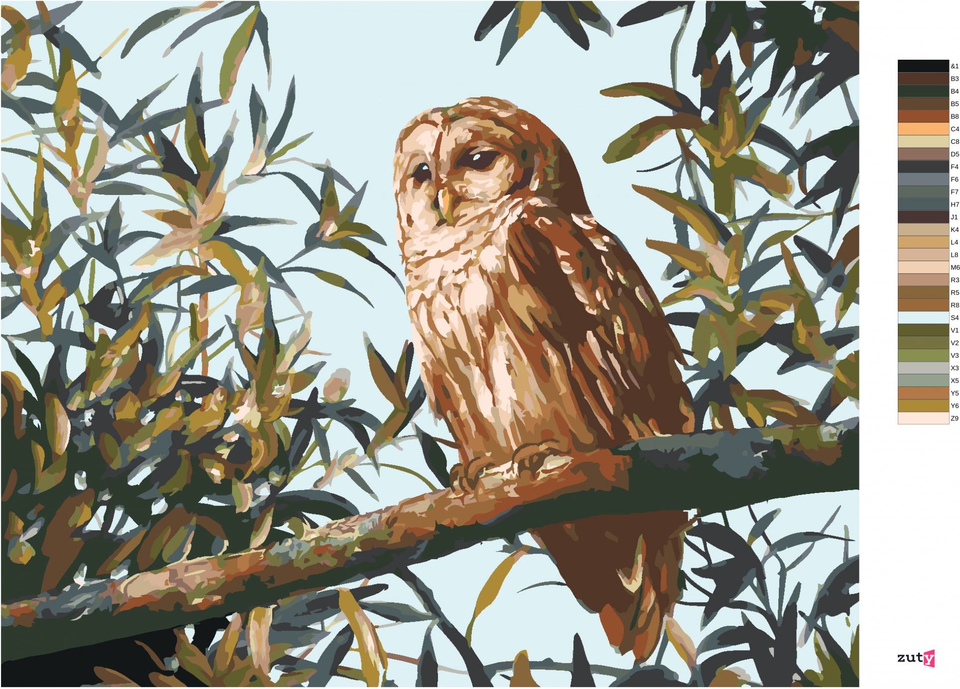 zuty Malování podle čísel - SOVA NA VĚTVI A LISTY (D. RUSTY RUST) - Rozměr: 40x50 cm, Rámování: Varianta: vypnuté plátno na rám - obrázek 7