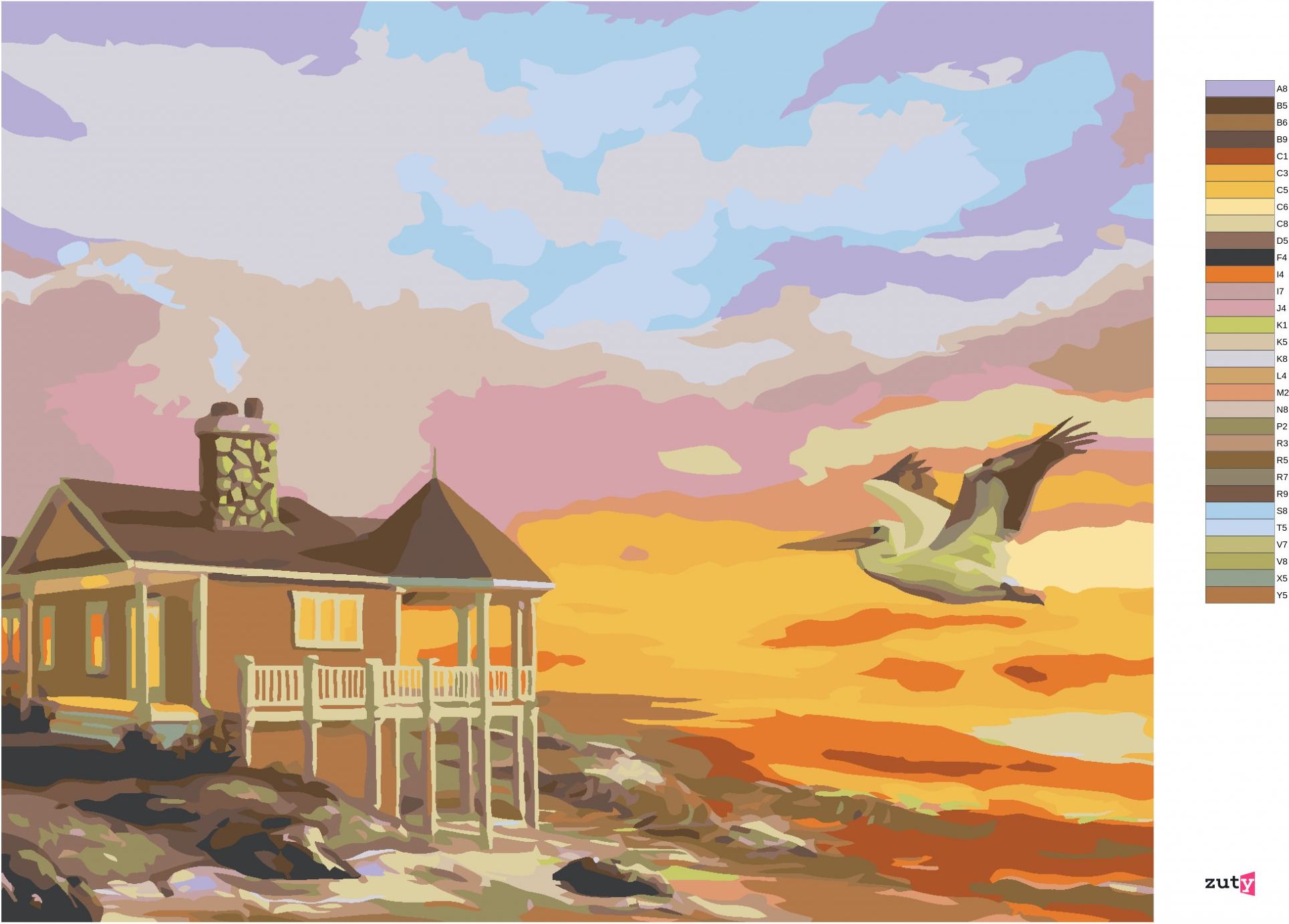 zuty Malování podle čísel - PELIKÁN, DŮM U MOŘE A ZÁPAD SLUNCE (D. RUSTY RUST) - Rozměr: 40x50 cm, Rámování: Varianta: bez rámu a bez vypnutí plátna - obrázek 2