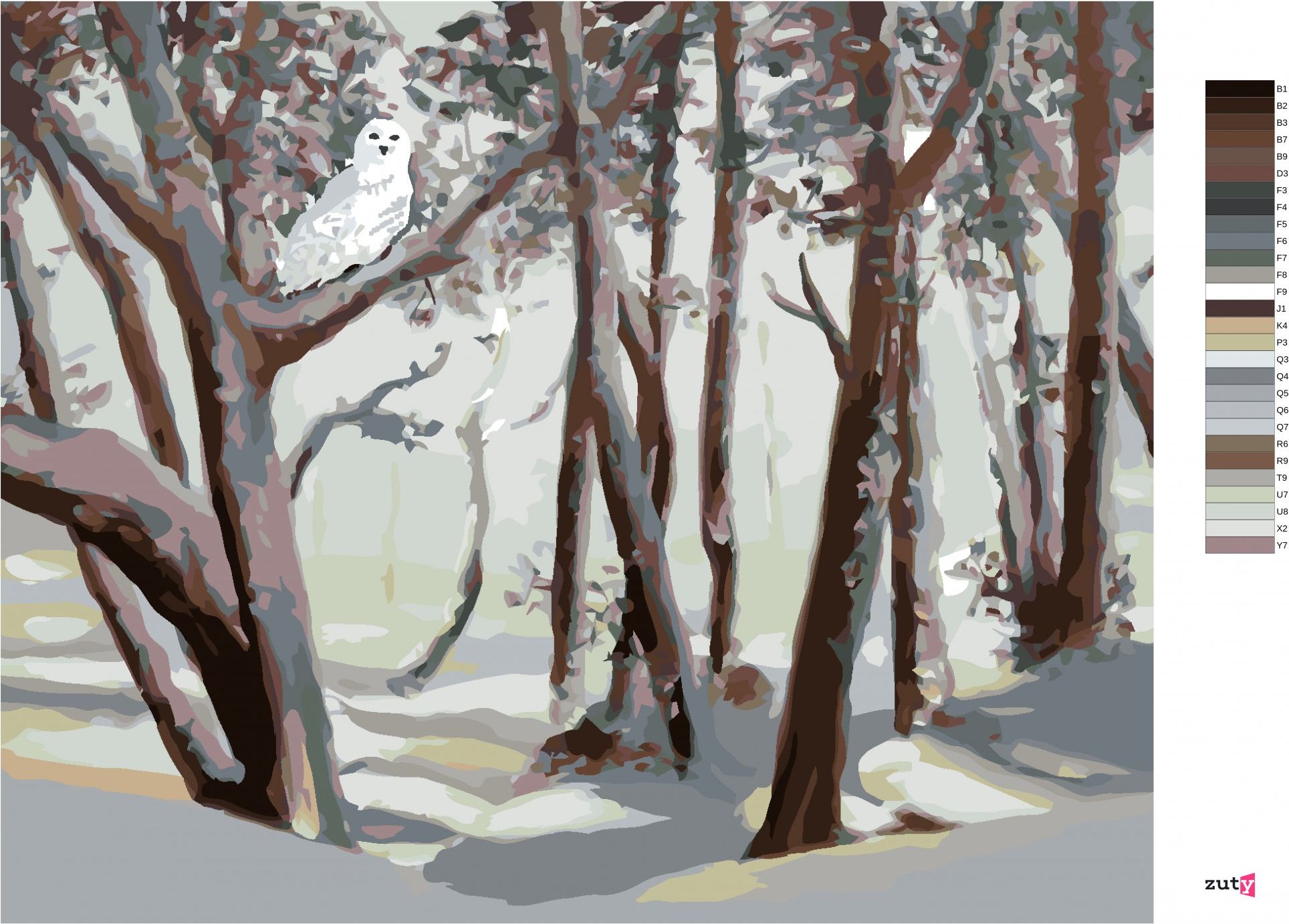 zuty Malování podle čísel - SNĚŽNÁ SOVA A LES V ZIMĚ (D. RUSTY RUST) - Rozměr: 40x50 cm, Rámování: Varianta: bez rámu a bez vypnutí plátna - obrázek 8