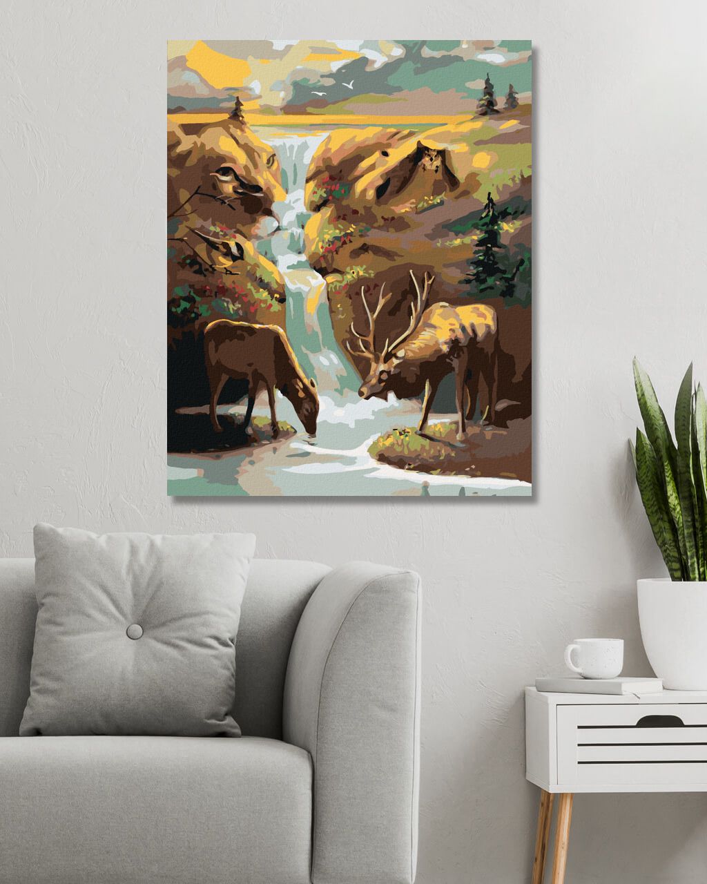 zuty Malování podle čísel - JELEN, VODOPÁD A ZÁPAD SLUNCE (D. RUSTY RUST) - Rozměr: 40x50 cm, Rámování: Varianta: bez rámu a bez vypnutí plátna - obrázek 4