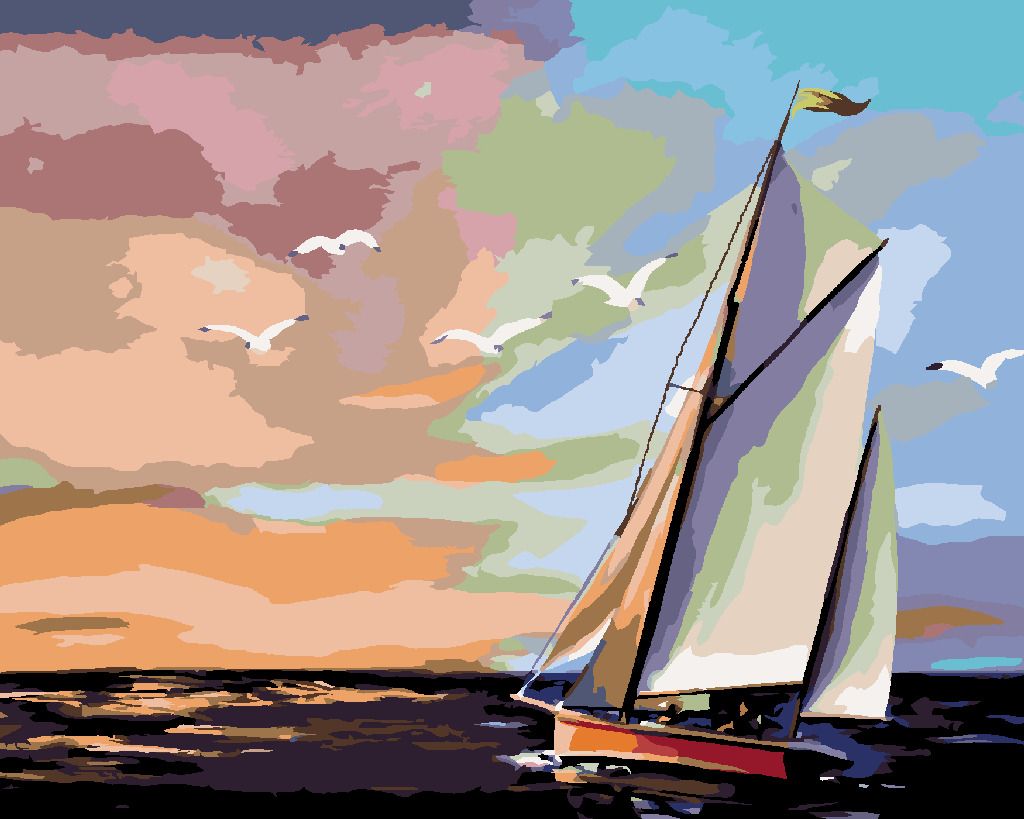 zuty Malování podle čísel - PLACHETNICE A BAREVNÝ ZÁPAD SLUNCE (D. RUSTY RUST) - Rozměr: 40x50 cm, Rámování: Varianta: bez rámu a bez vypnutí plátna - obrázek 2