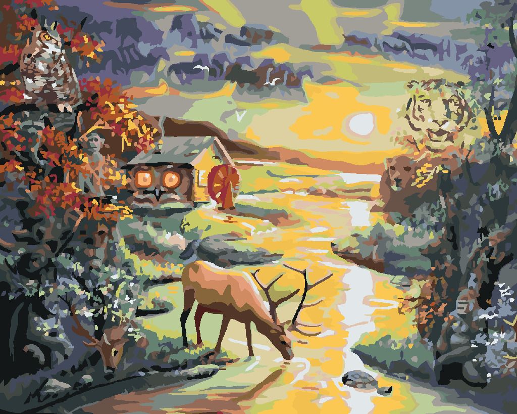 zuty Malování podle čísel - JELEN V ŘECE, ILUZE ZVÍŘAT A ZÁPAD SLUNCE (D. RUSTY RUST) - Rozměr: 40x50 cm, Rámování: Varianta: bez rámu a bez vypnutí plátna - obrázek 10