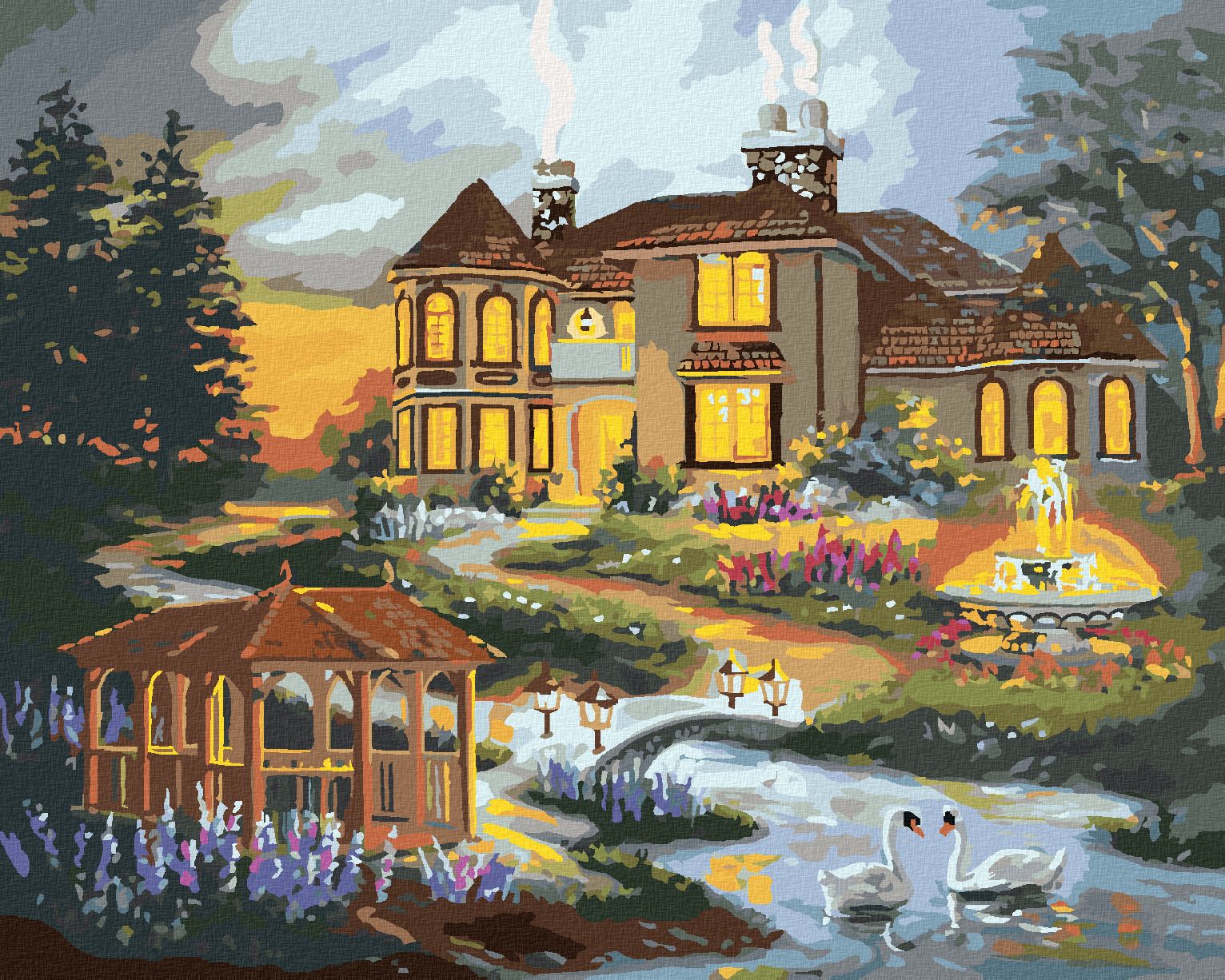 zuty Malování podle čísel - LABUTĚ, ALTÁN A FONTÁNA U DOMU (D. RUSTY RUST) - Rozměr: 40x50 cm, Rámování: Varianta: vypnuté plátno na rám - obrázek 1