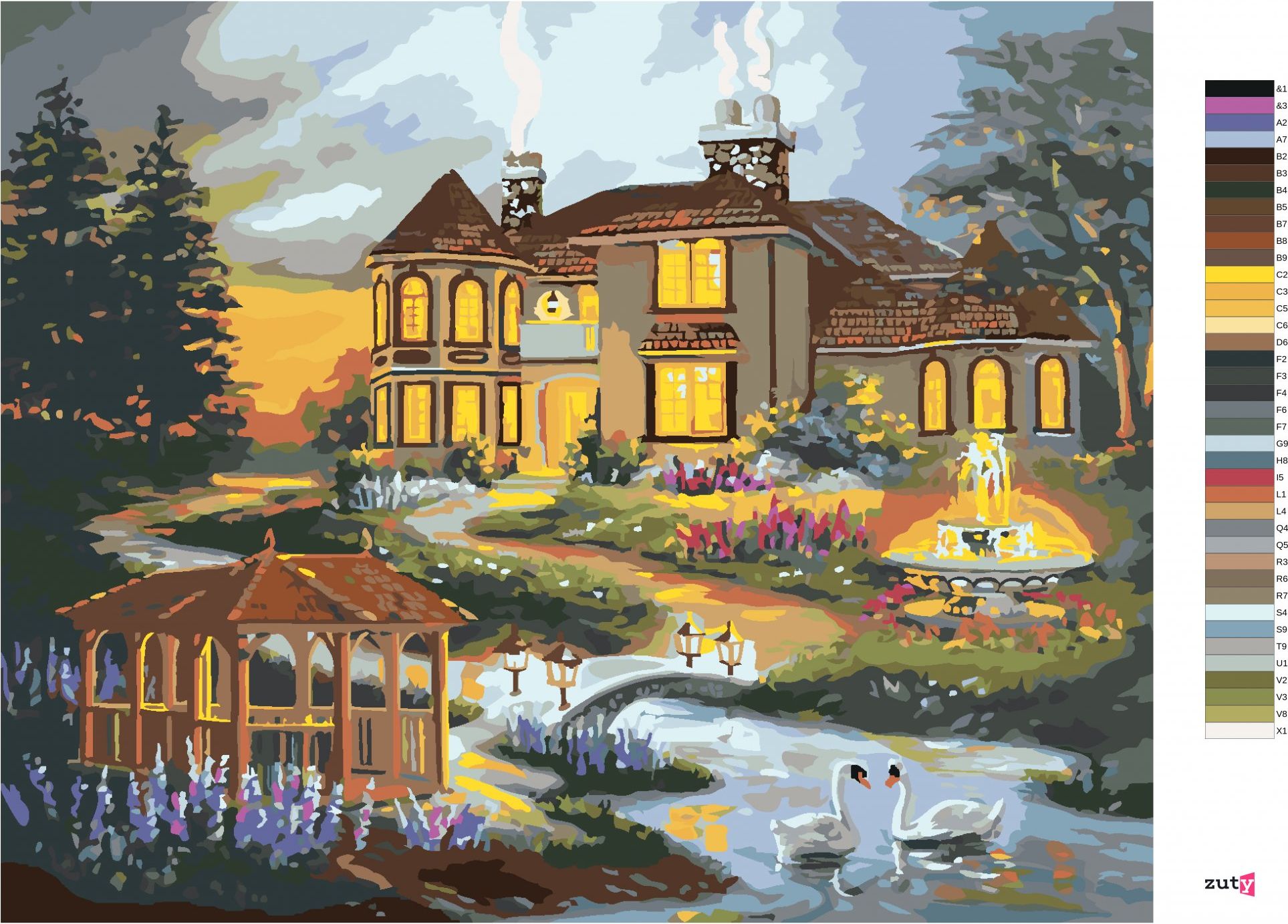 zuty Malování podle čísel - LABUTĚ, ALTÁN A FONTÁNA U DOMU (D. RUSTY RUST) - Rozměr: 40x50 cm, Rámování: Varianta: vypnuté plátno na rám - obrázek 8