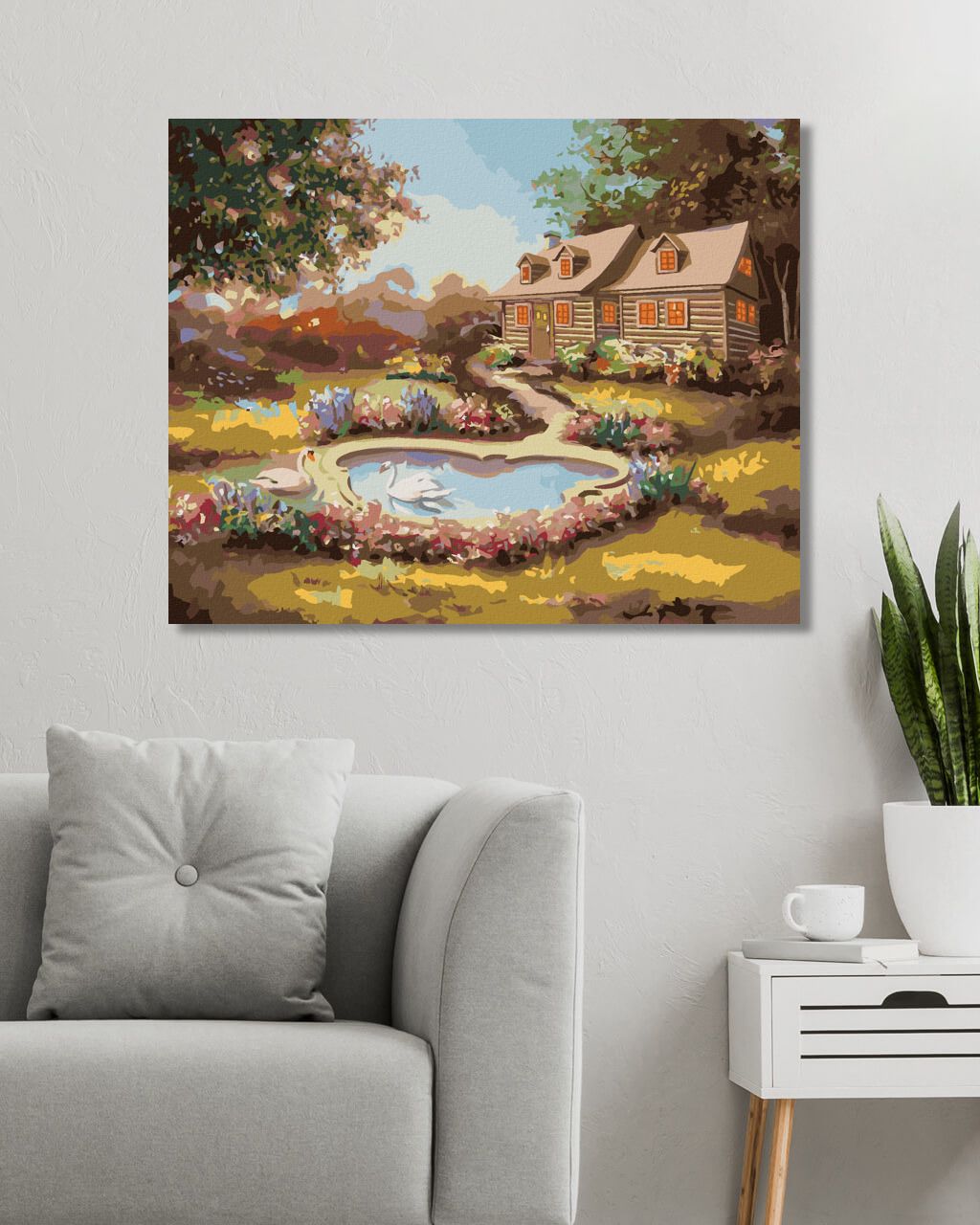 zuty Malování podle čísel - LABUTĚ, KVĚTINY A DŮM (D. RUSTY RUST) - Rozměr: 40x50 cm, Rámování: Varianta: vypnuté plátno na rám - obrázek 6