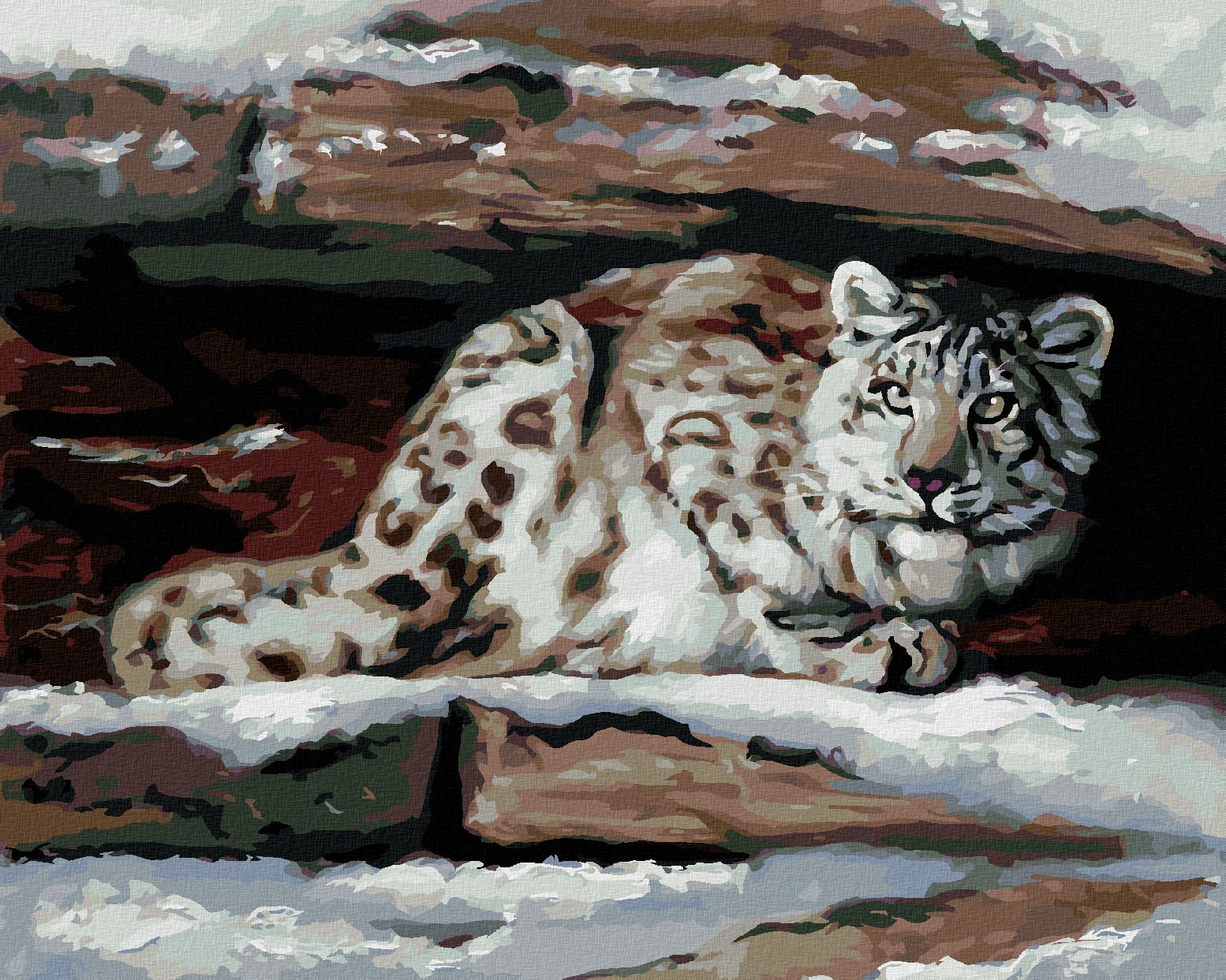 zuty Malování podle čísel - SNĚŽNÝ LEOPARD V ÚKRYTU (D. RUSTY RUST) - Rozměr: 40x50 cm, Rámování: Varianta: bez rámu a bez vypnutí plátna - obrázek 1